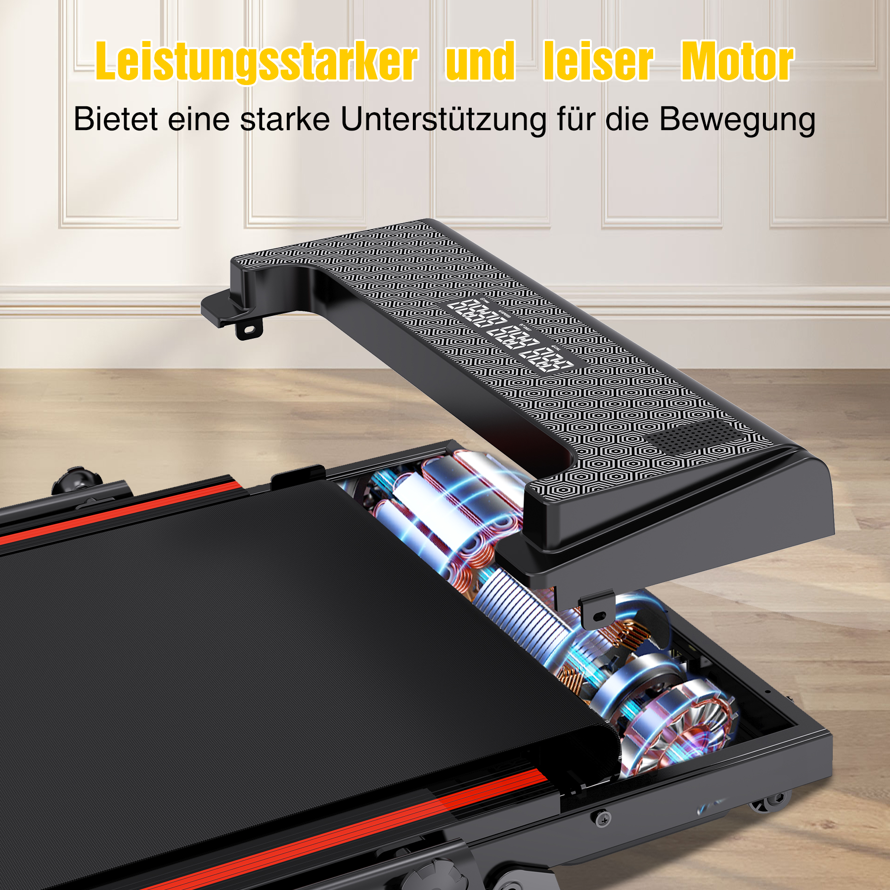 Laufband mit freiliegendem Motor, Details zeigend.