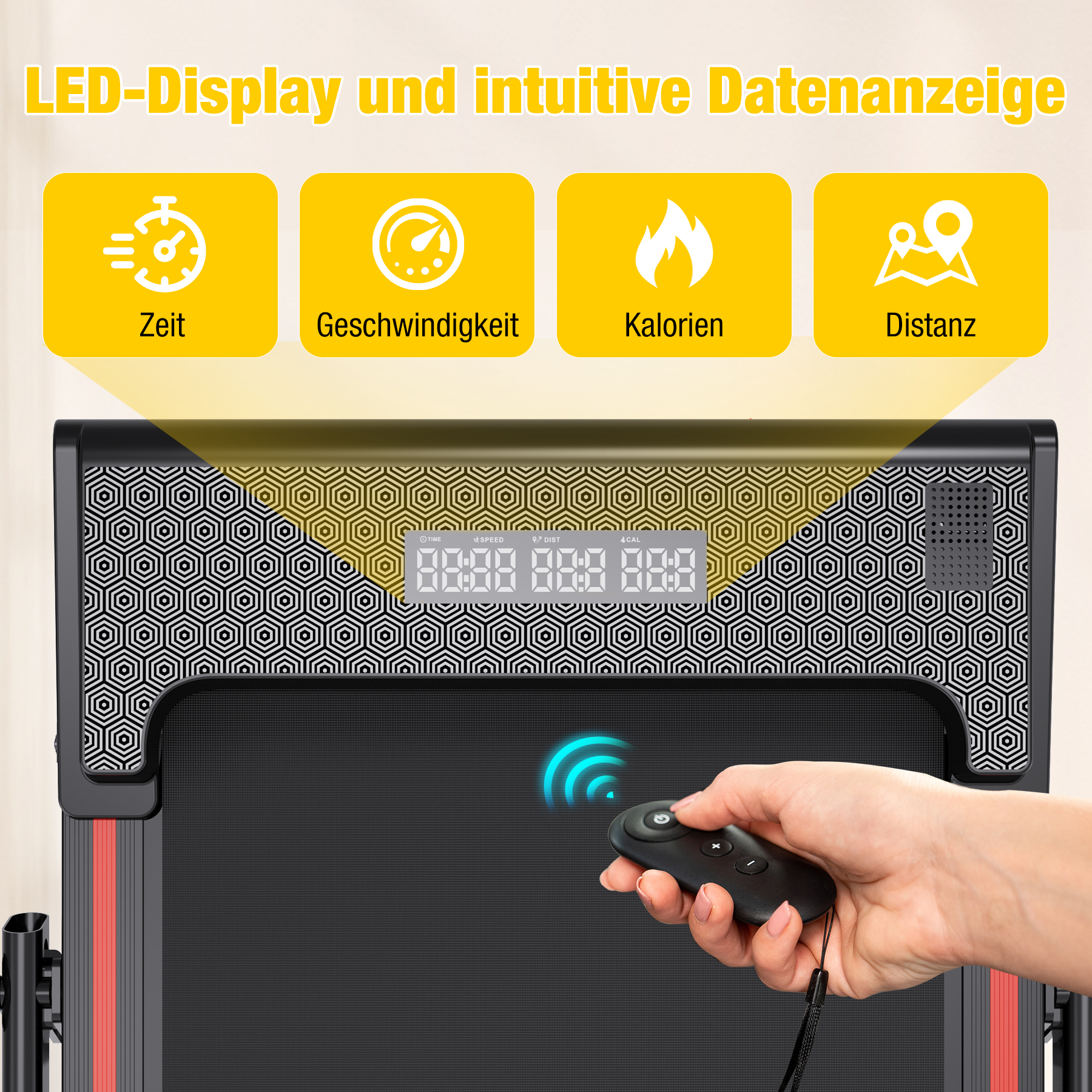 Nahaufnahme des Laufbanddisplays mit Zeit, Geschwindigkeit, Kalorien und Distanz.