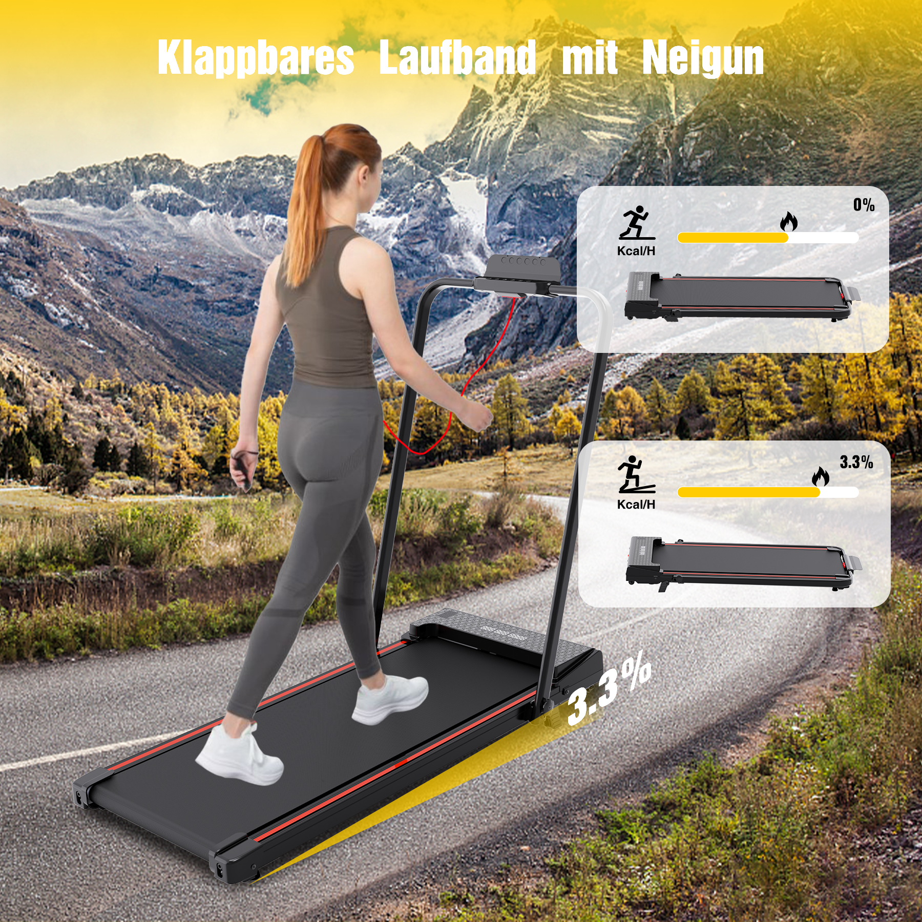 A woman is using a treadmill with incline. Statistics are shown.