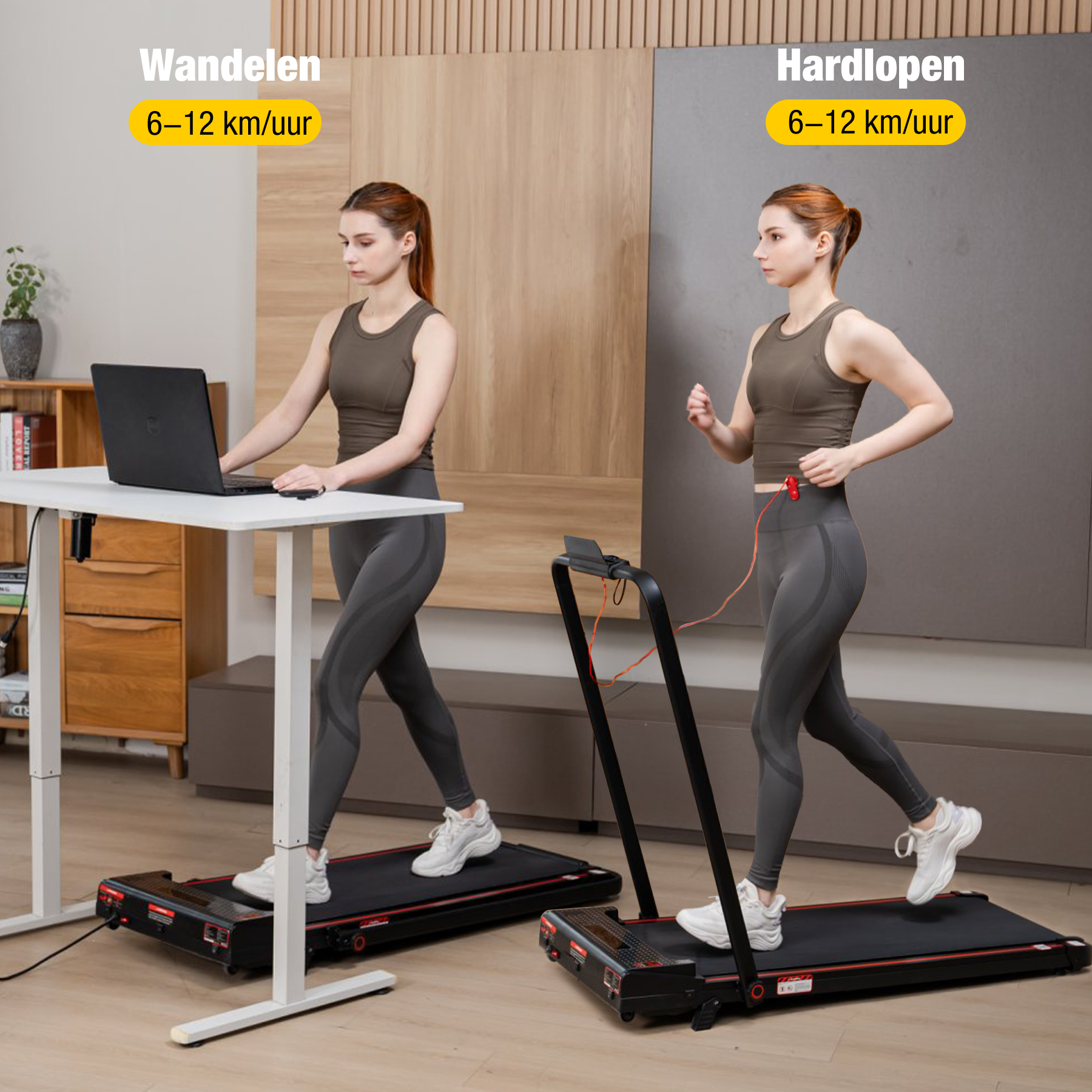 Two women on treadmills. One with laptop, walking. The other running. Background: white desk, dark wall.