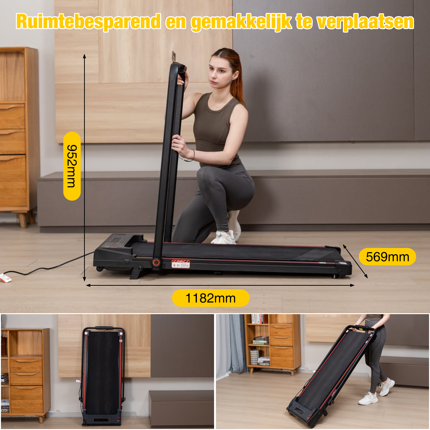 Woman folding a black treadmill. Dimensions are displayed. Background: wooden cabinet, light wall.