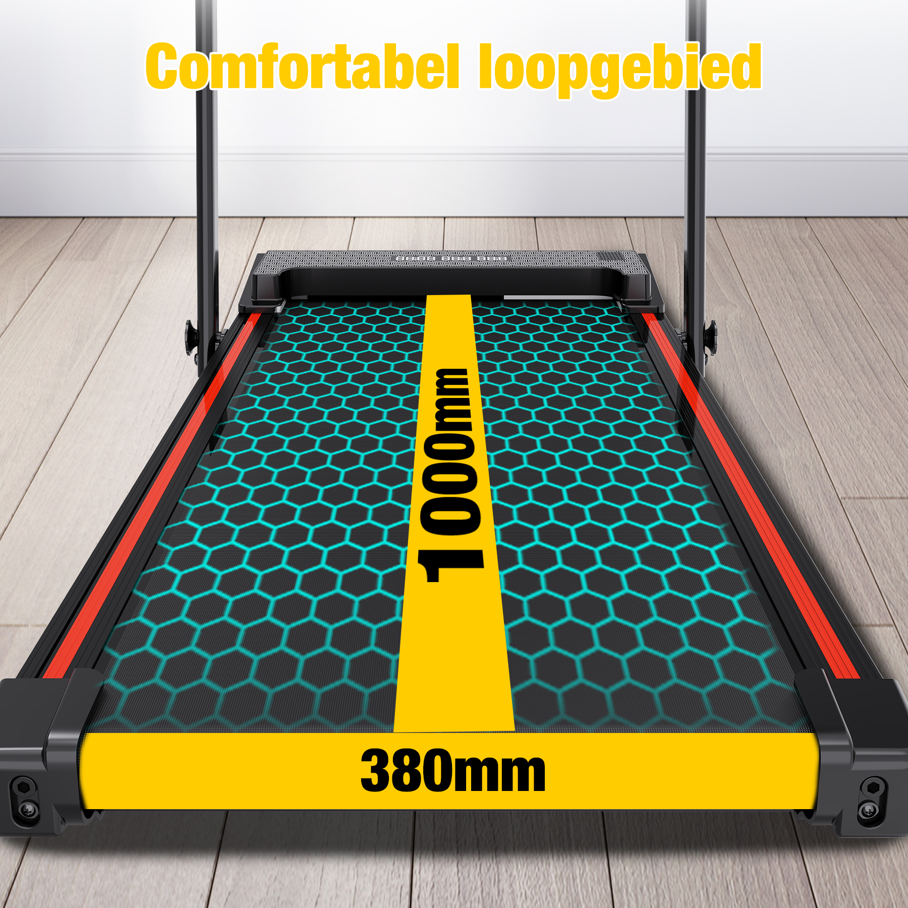 Close up of treadmill running surface. Yellow and black design. Background: wooden floor.