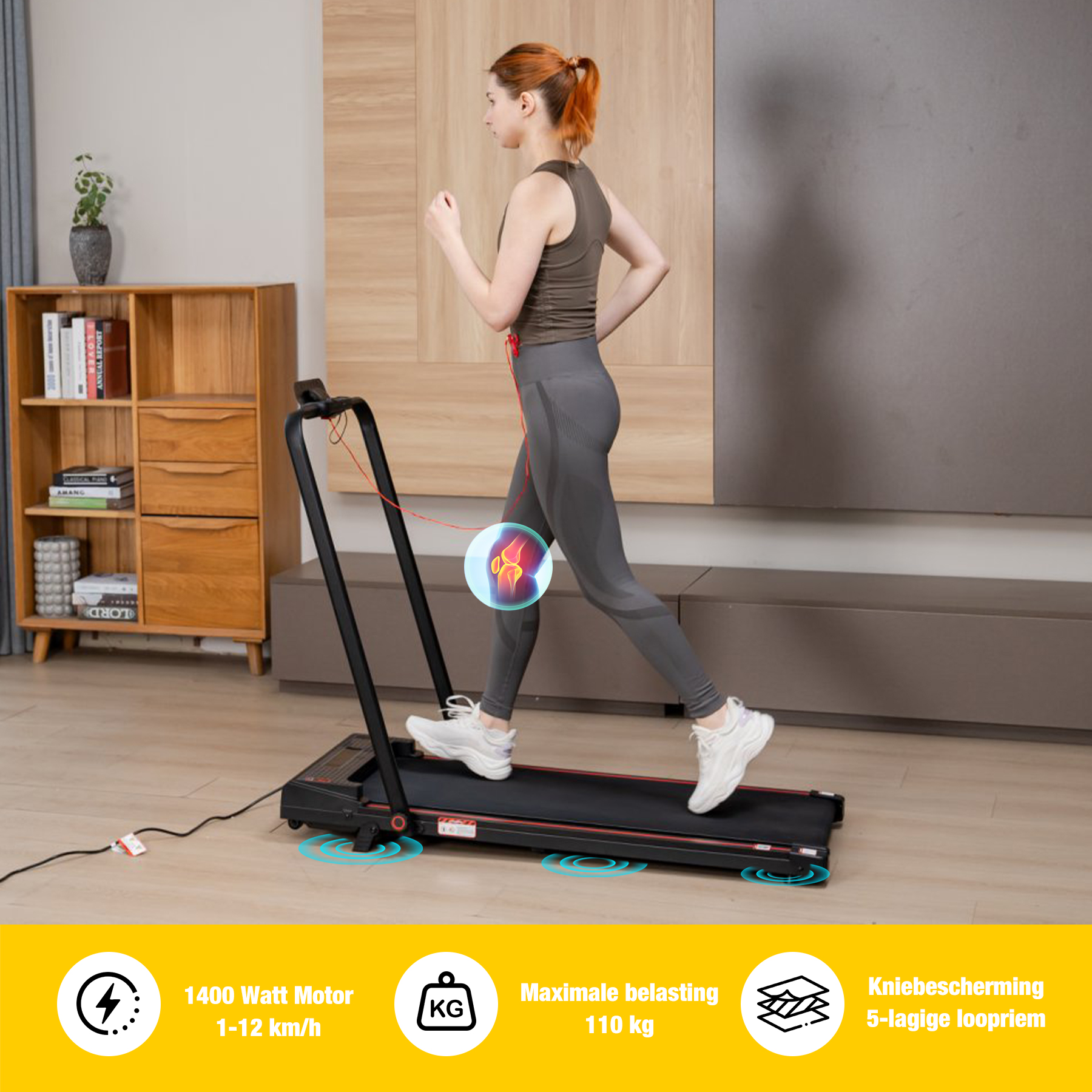 Woman running on a black treadmill. Display shows knee joint highlighted. Background: wooden cabinet, wall.
