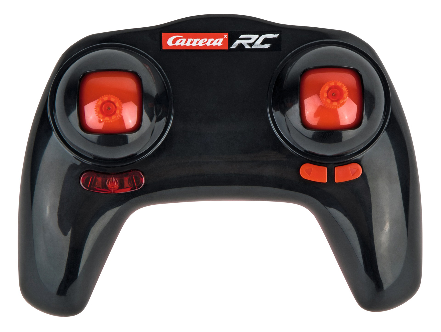 Un mando a distancia negro con dos botones naranjas y luces rojas, etiquetado con 'Carrera RC'.