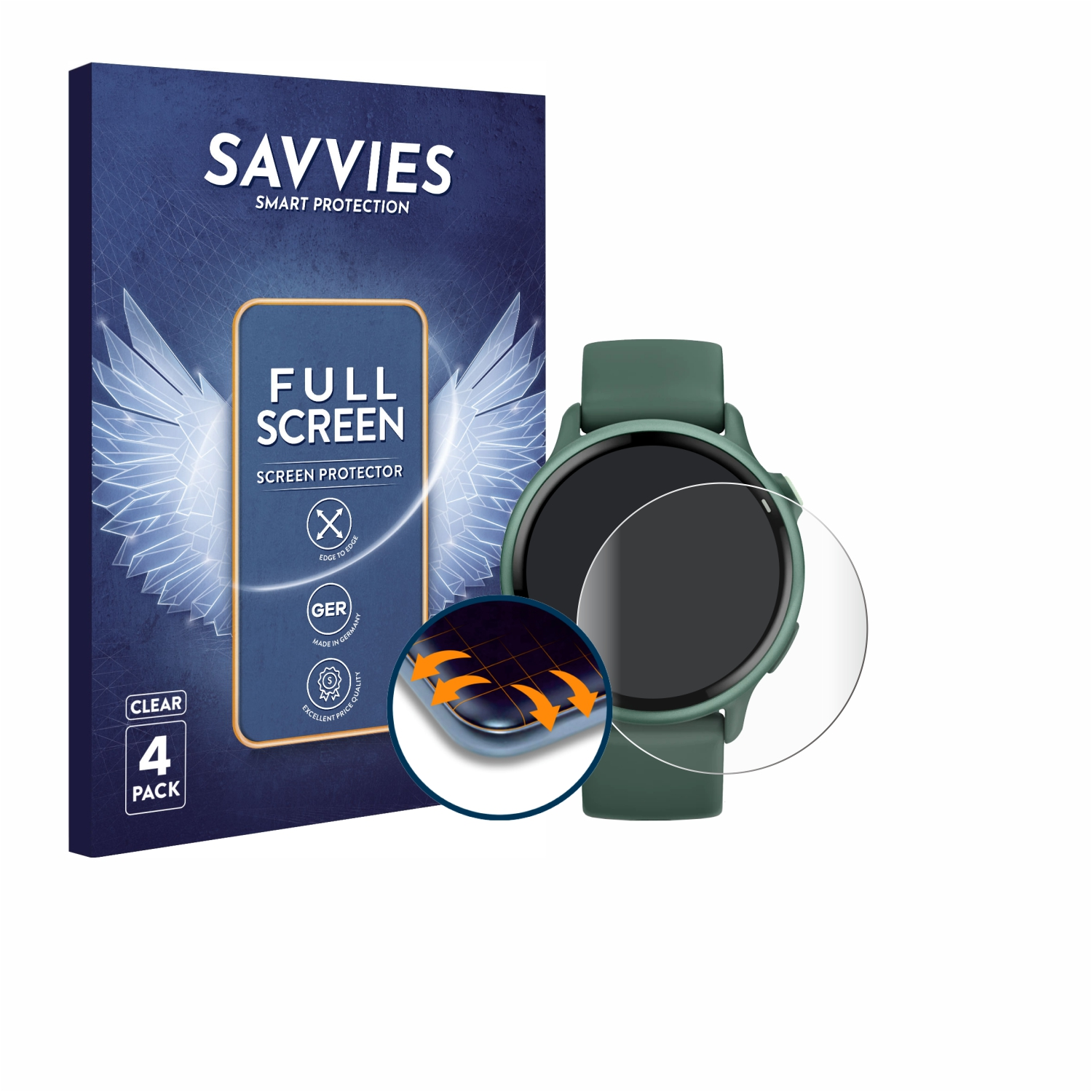 Eine Uhr und ein Displayschutz. Der Displayschutz befindet sich oben auf der Uhr. Eine Box befindet sich im Hintergrund.