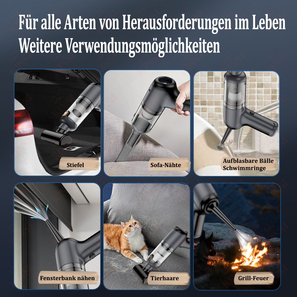 Kolaż zdjęć pokazujących odkurzacz w użyciu w różnych sytuacjach, np. czyszczenie samochodu.