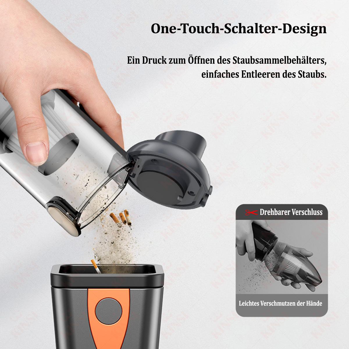 Ręka opróżniająca odkurzacz do kosza na śmieci, z małym obrazkiem części odkurzacza.