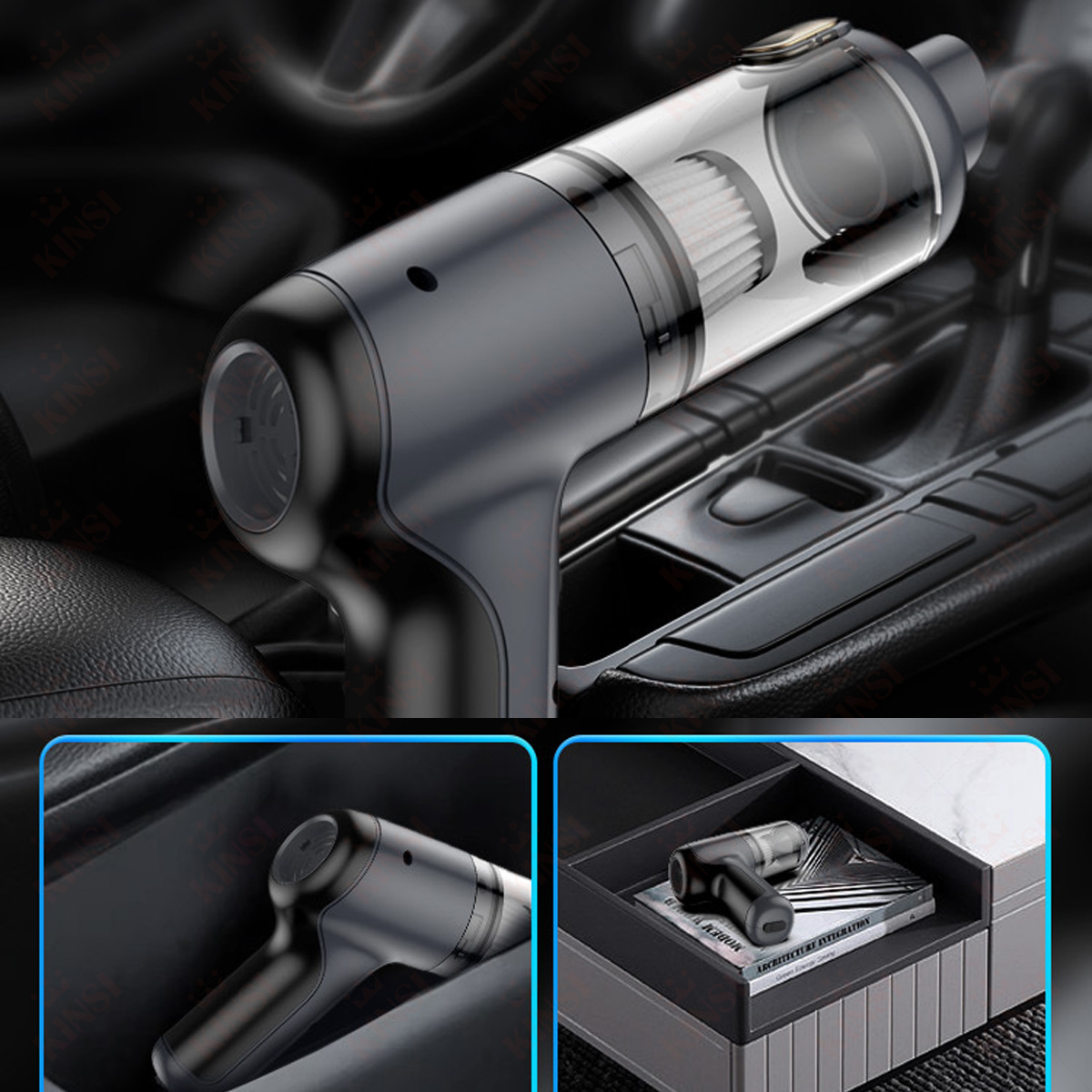 Czarny odkurzacz we wnętrzu samochodu z dwoma zbliżeniami odkurzacza w różnych pozycjach.