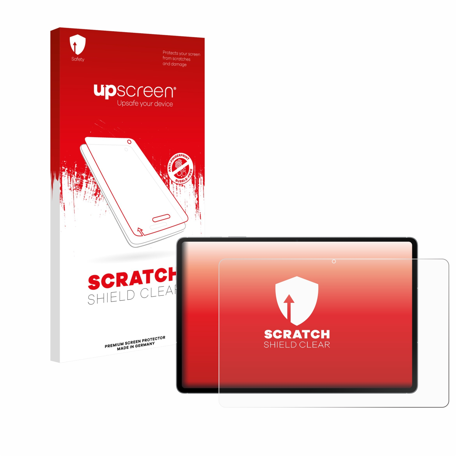 Eine rot-weiße 'upscreen' Box und ein klarer rechteckiger Displayschutz auf weißem Hintergrund.