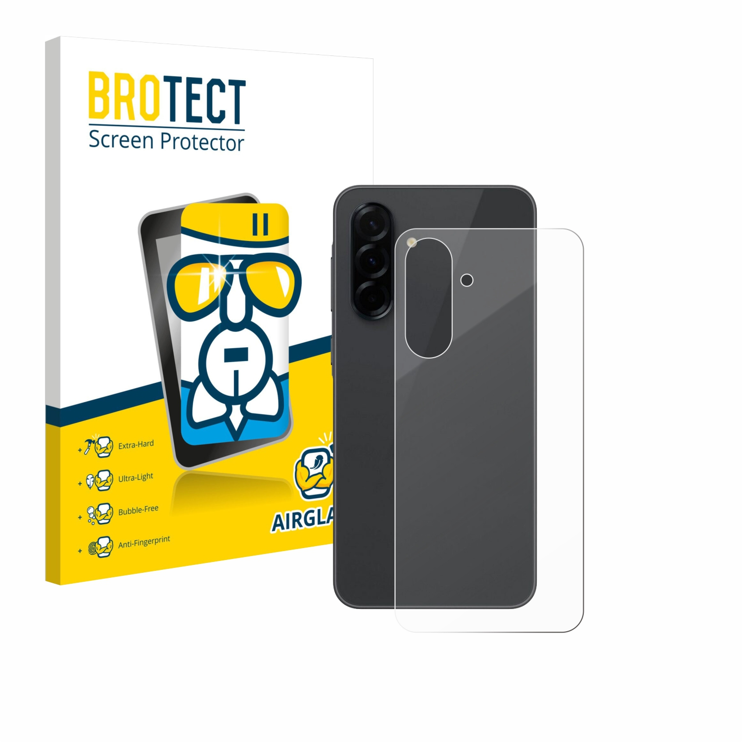 Eine Displayschutzfolienbox, ein Telefon und eine klare Displayschutzfolie. Auf der Box steht BROTECT Screen Protector.