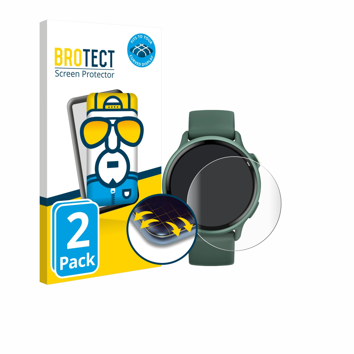 Eine Smartwatch, eine Bildschirmschutzverpackung und ein Bildschirmschutz liegen auf einer weißen Oberfläche.
