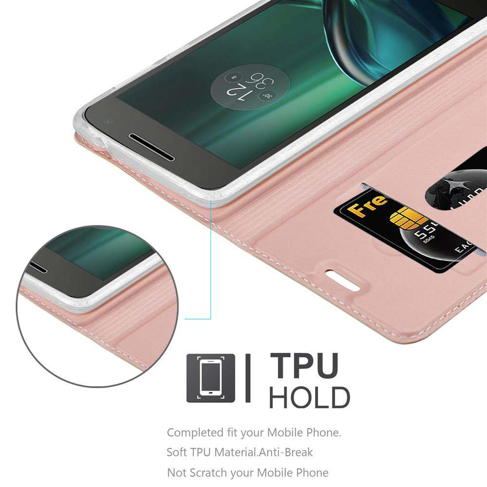 Custodia rosa con telefono all'interno. Carta di credito nella custodia. TPU HOLD è scritto sulla custodia.