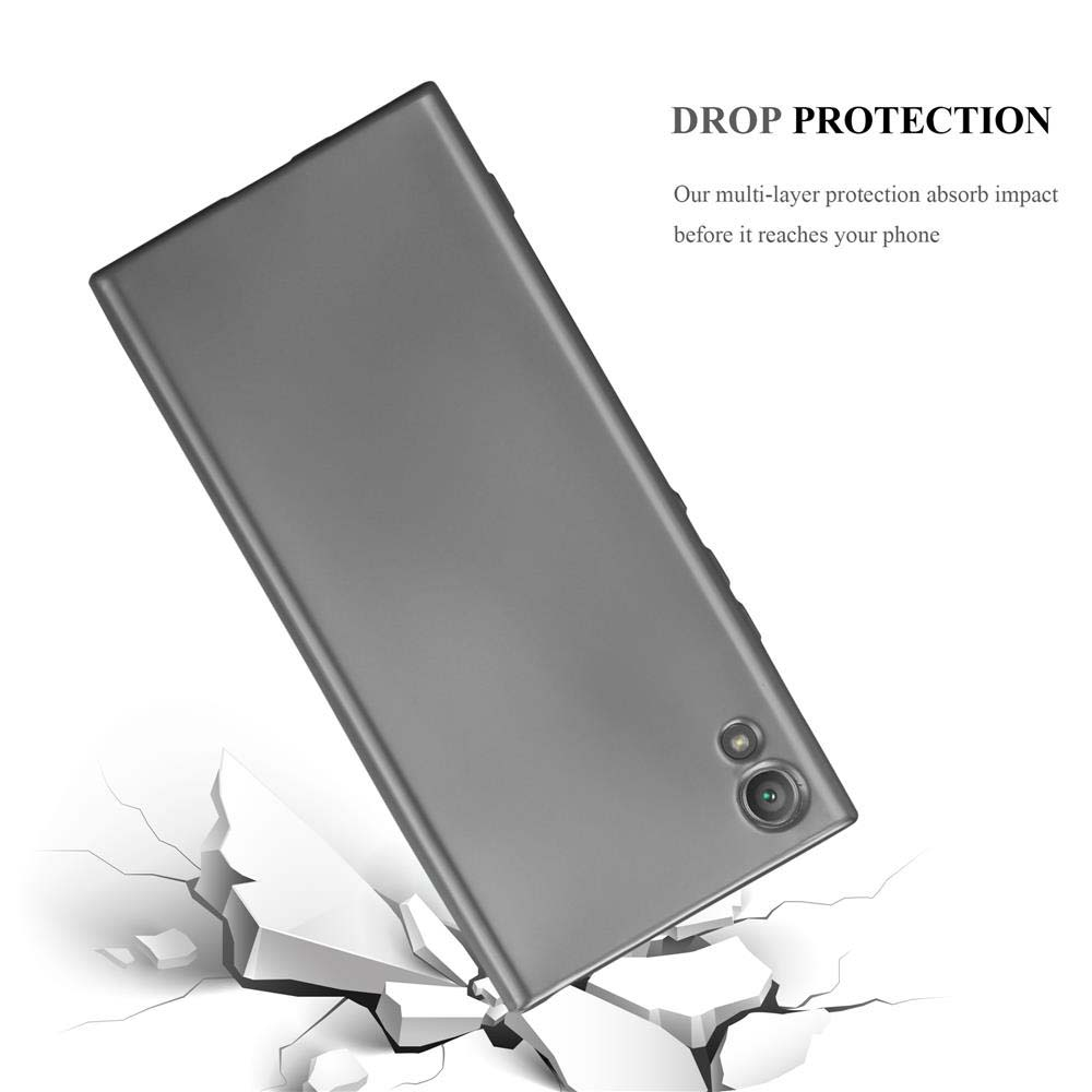 Eine Handyhülle fällt und beschädigt eine Oberfläche. Text: Drop Protection.