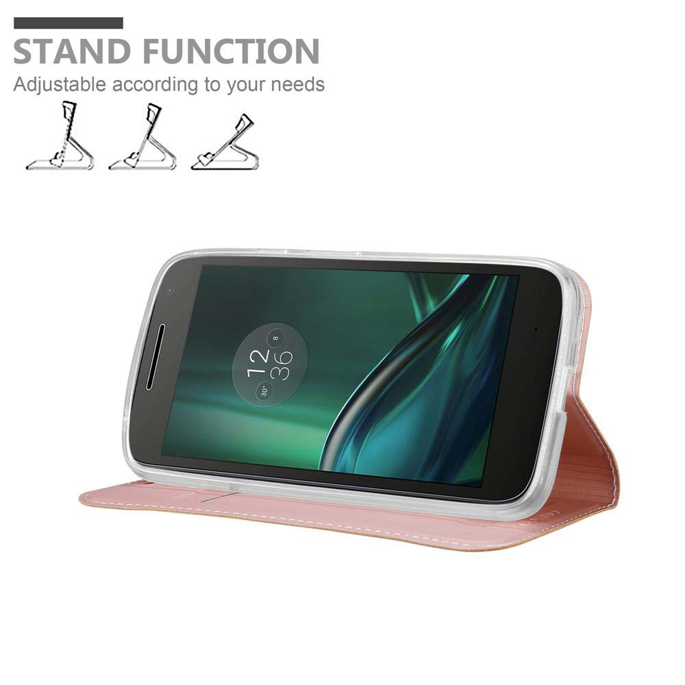Custodia rosa con telefono all'interno. Il telefono mostra l'ora. La custodia ha la funzione di supporto.
