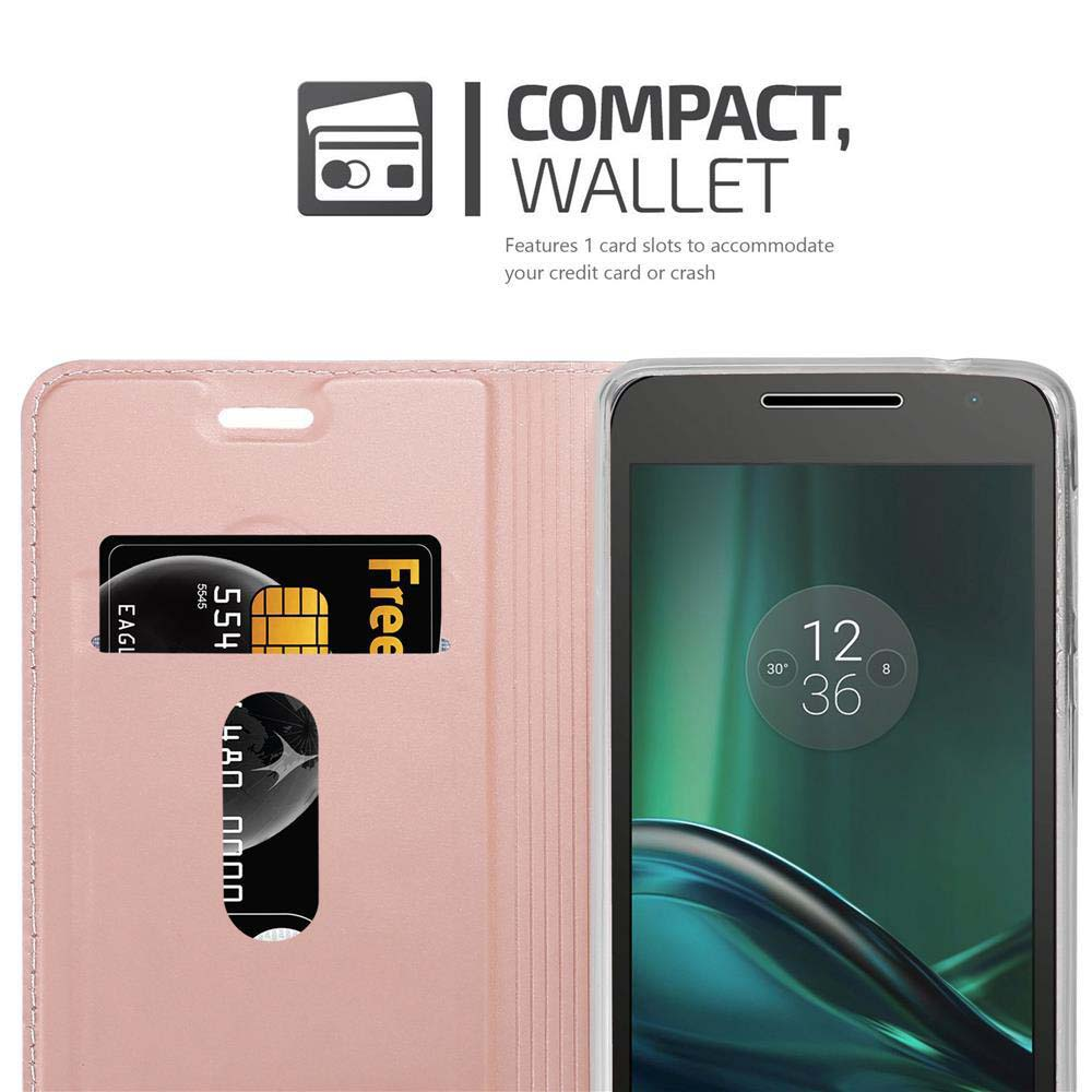 Custodia rosa con telefono all'interno. È presente uno slot per carte di credito. Il telefono mostra l'ora.