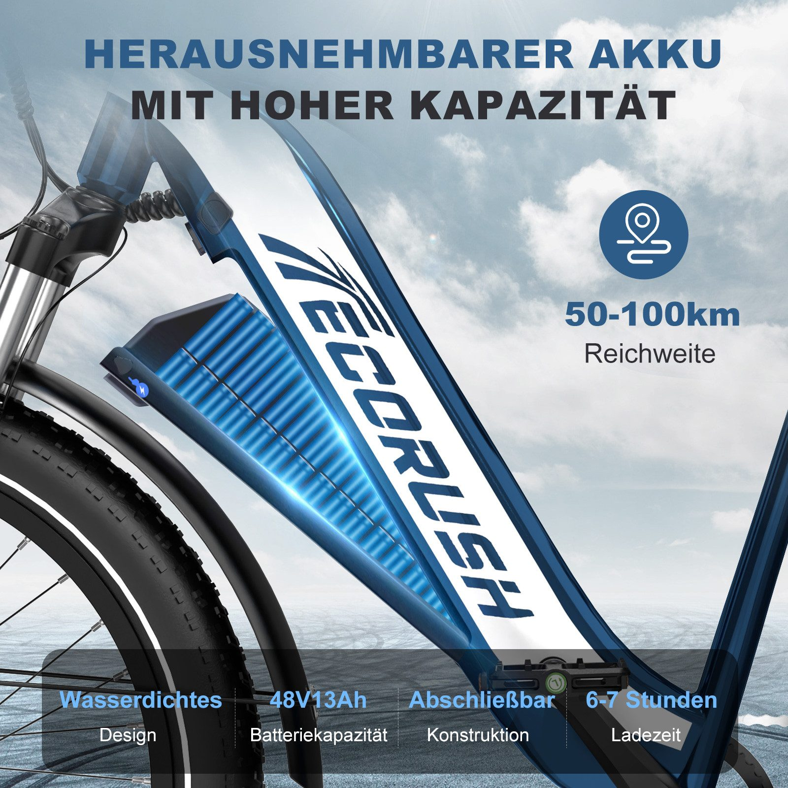 E-Bike mit herausnehmbarem Akku. Text: Herausnehmbarer Akku mit hoher Kapazität.
