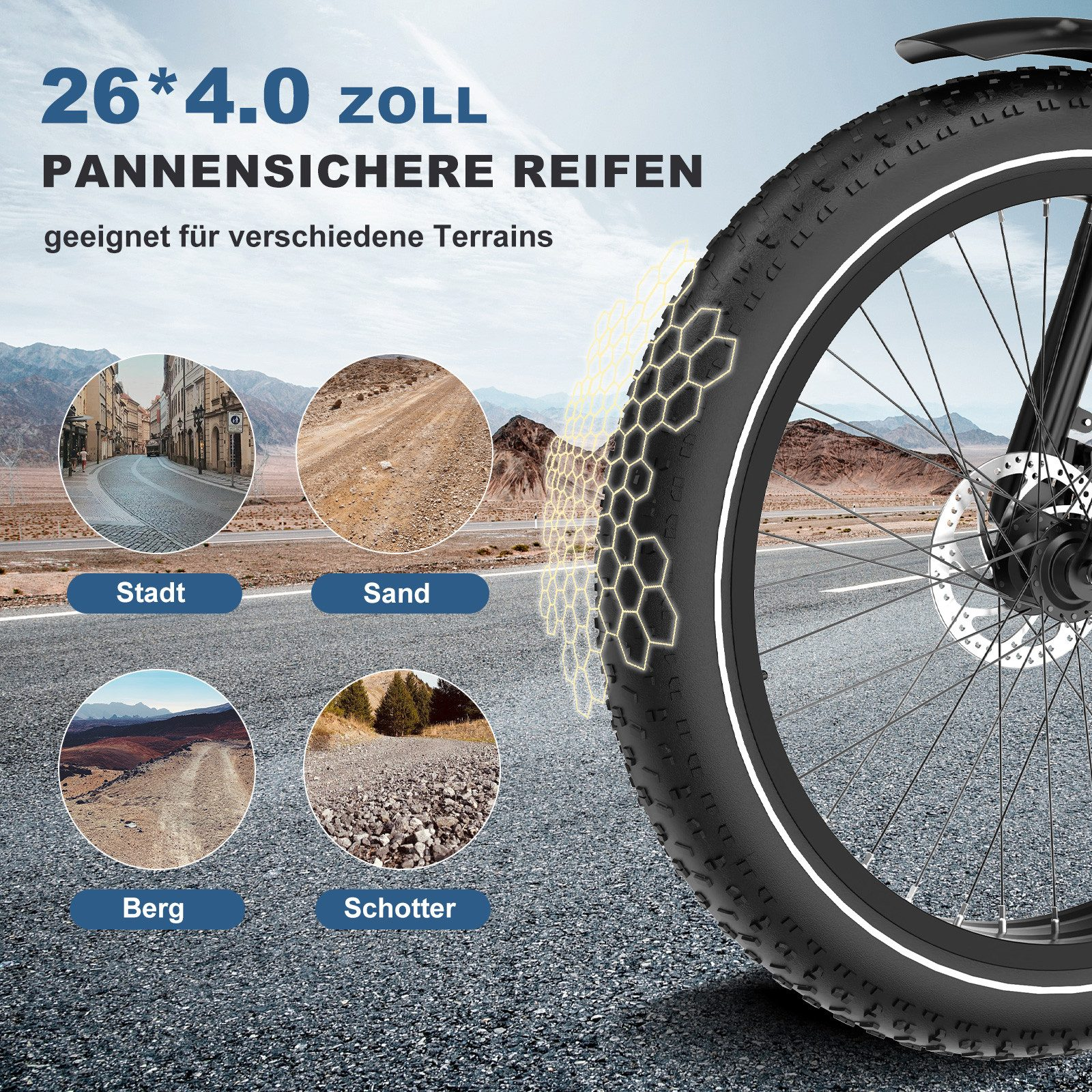 Schwarzer Fahrradreifen mit Text und vier kleinen Bildern, die verschiedene Gelände zeigen.