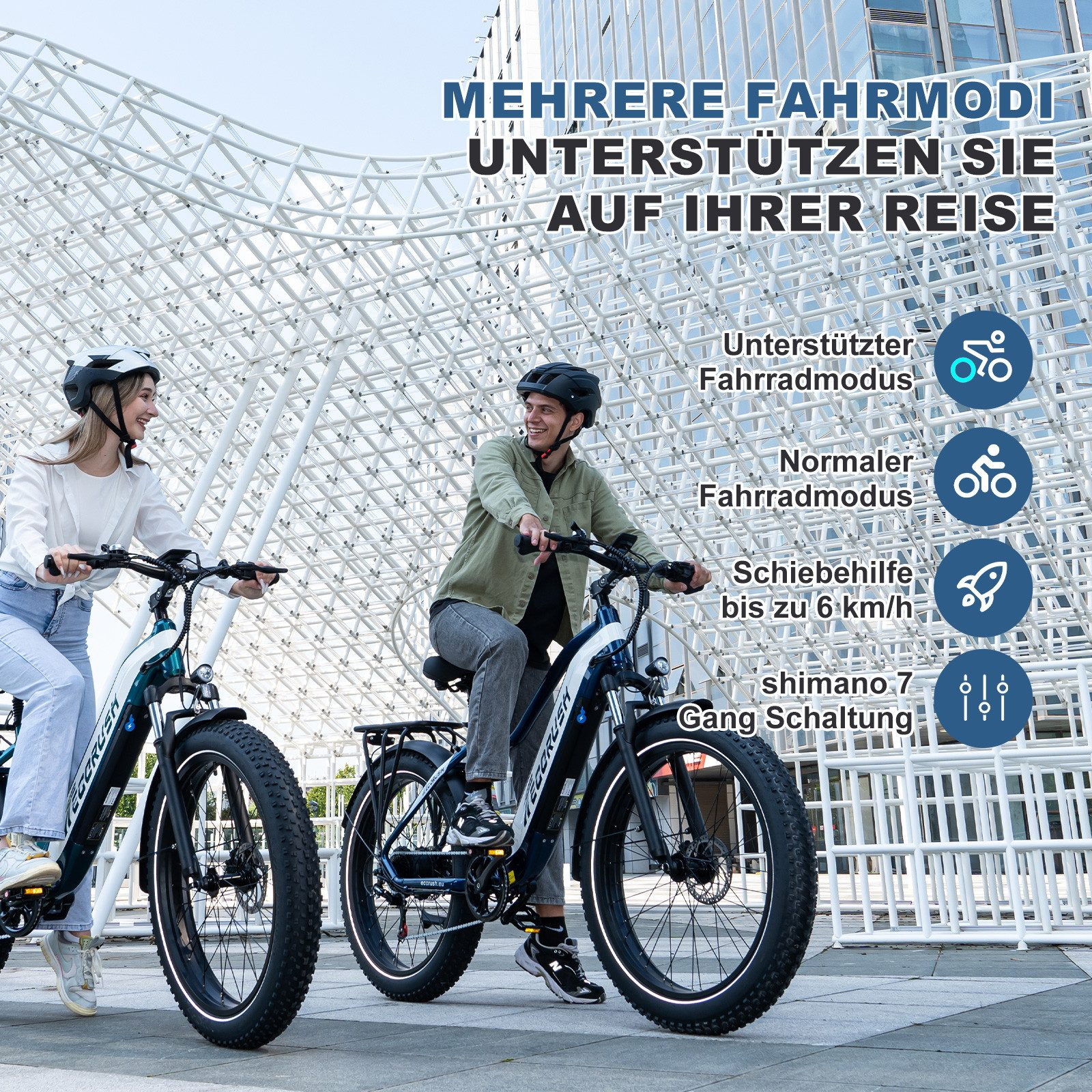 Zwei Personen fahren E-Bikes. Text: Mehrere Fahrmodi unterstützen Sie auf Ihrer Reise.