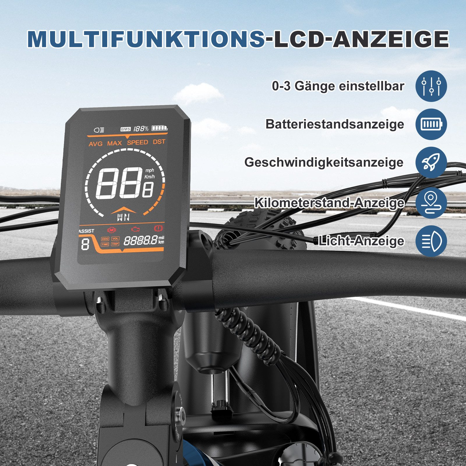 E-Bike-Display mit Geschwindigkeit, Batterie und anderen Daten. Text: Multifunktions-LCD-Anzeige.