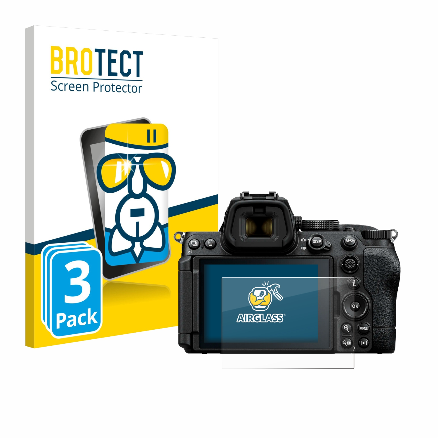 Eine Kamera mit Displayschutz auf dem Bildschirm und eine Bildschirmschutzbox. Auf der Box steht 'BROTECT' und 'Screen Protector'.