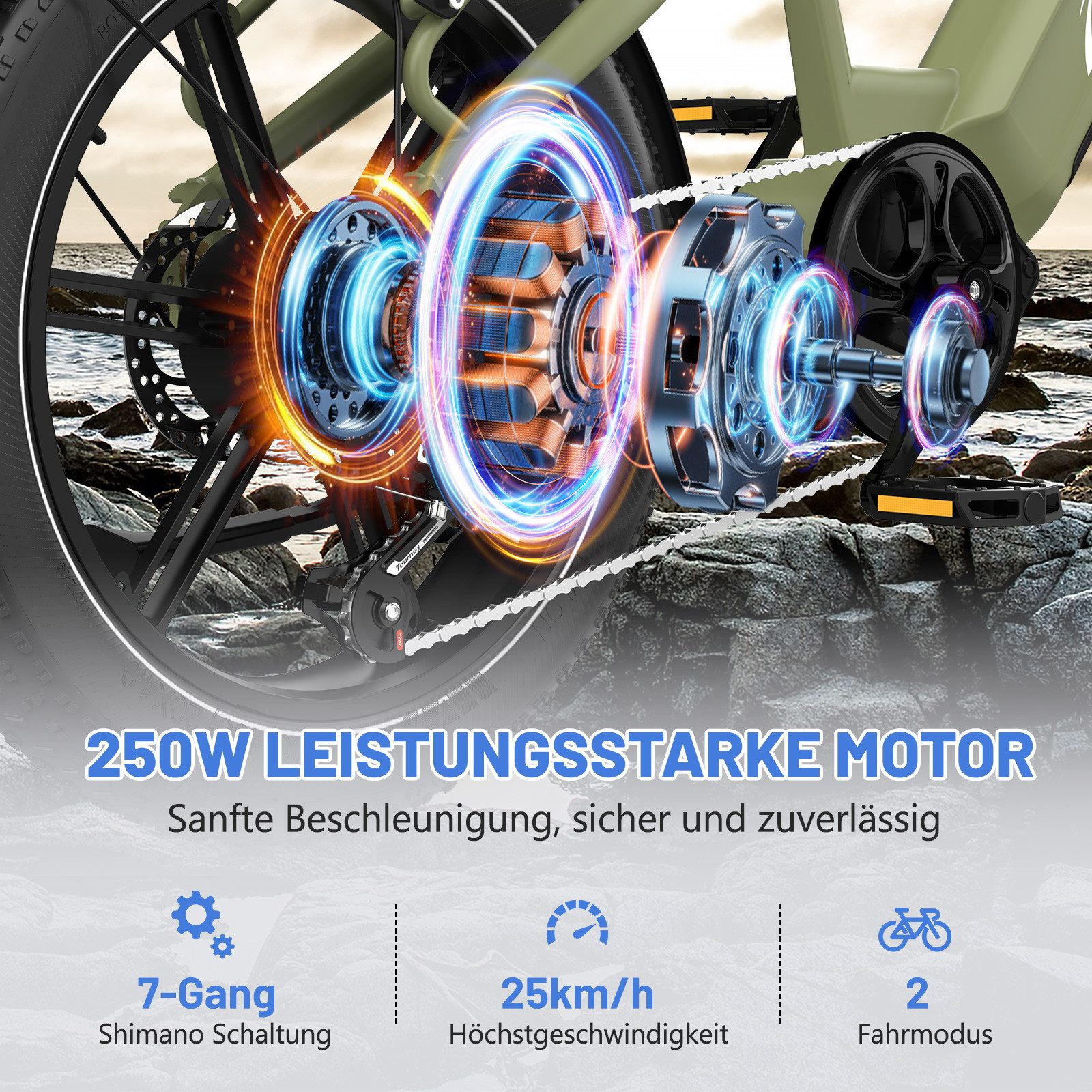 Nahaufnahme des Motors und der Gänge eines Fahrrads. Text sagt 250W Motor und 7 Gang Shimano.