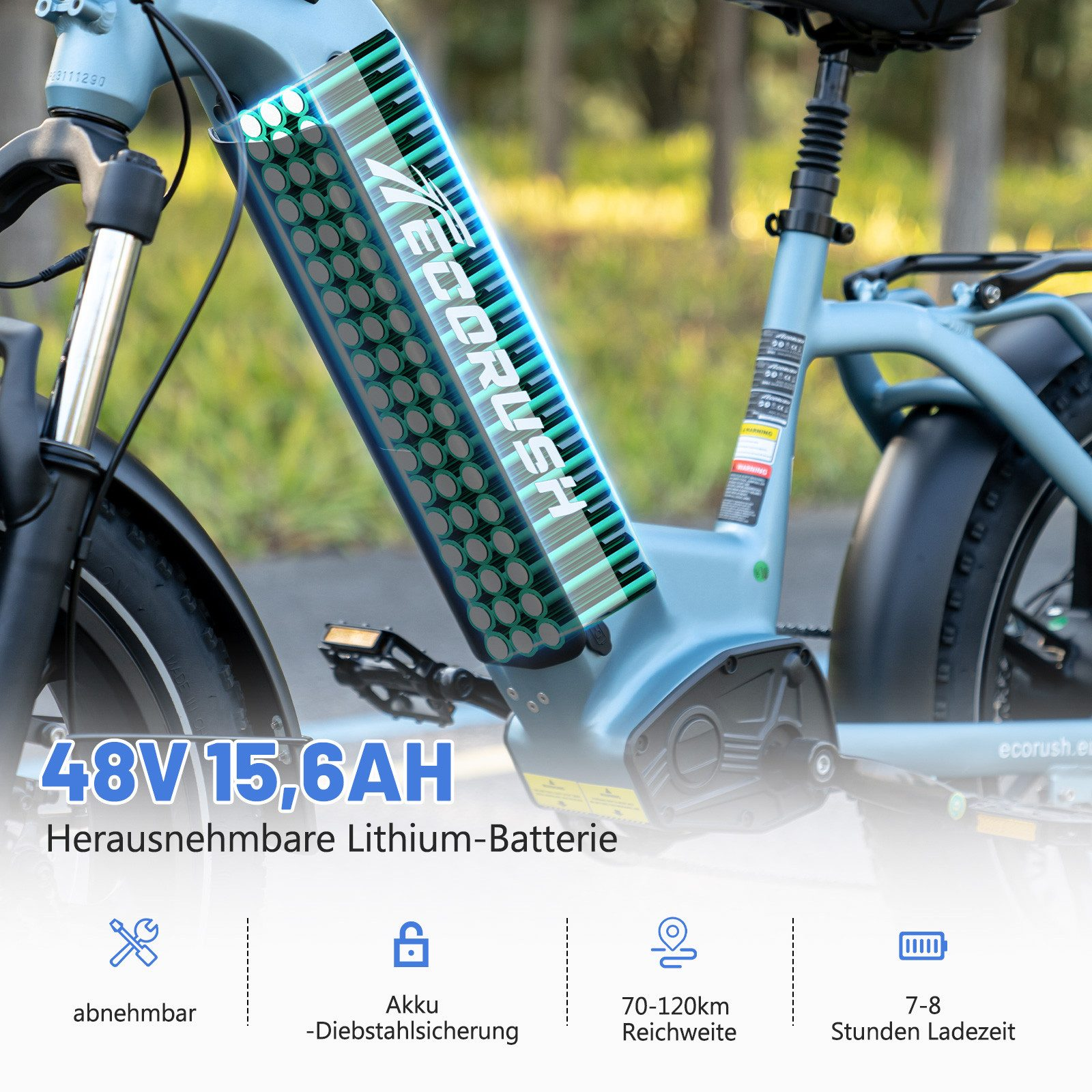 Nahaufnahme eines E-Bike-Motors und -Rads mit technischen Daten und Text.