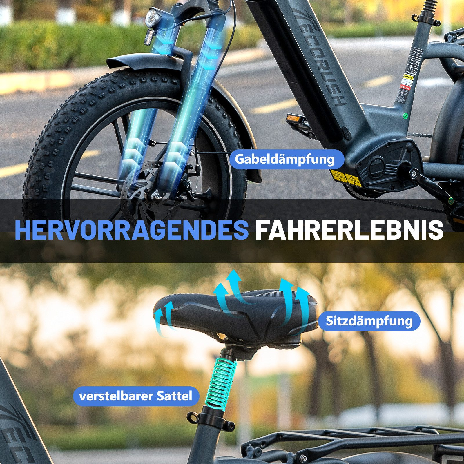 E-Bike-Detail: Vorderradgabel und Sitz mit Pfeilen, die auf Funktionen zeigen, die mit deutschem Text beschriftet sind.