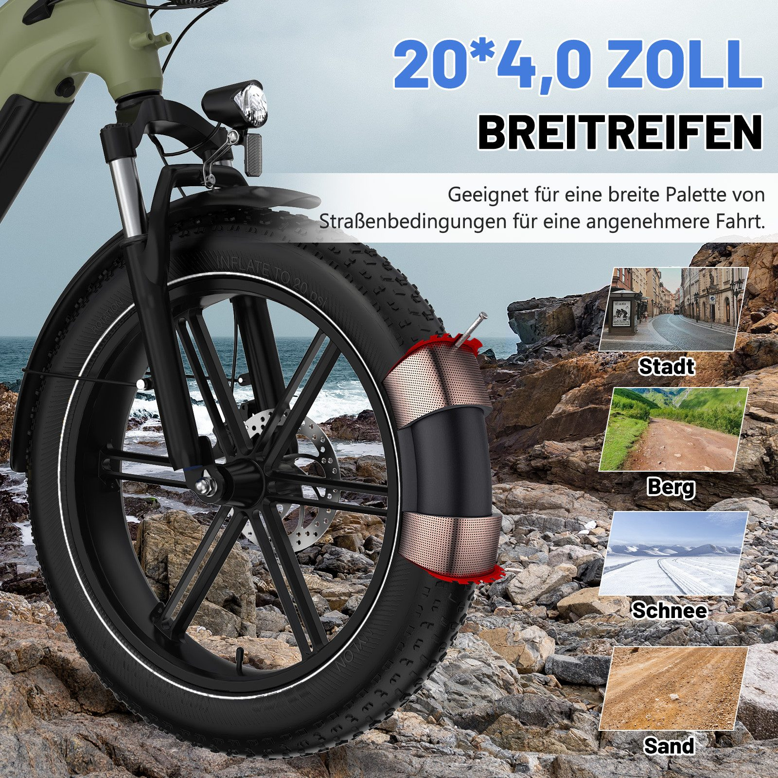 Nahaufnahme eines Fatbike-Rades, mit Text über breite Reifen und verschiedene Terrains.