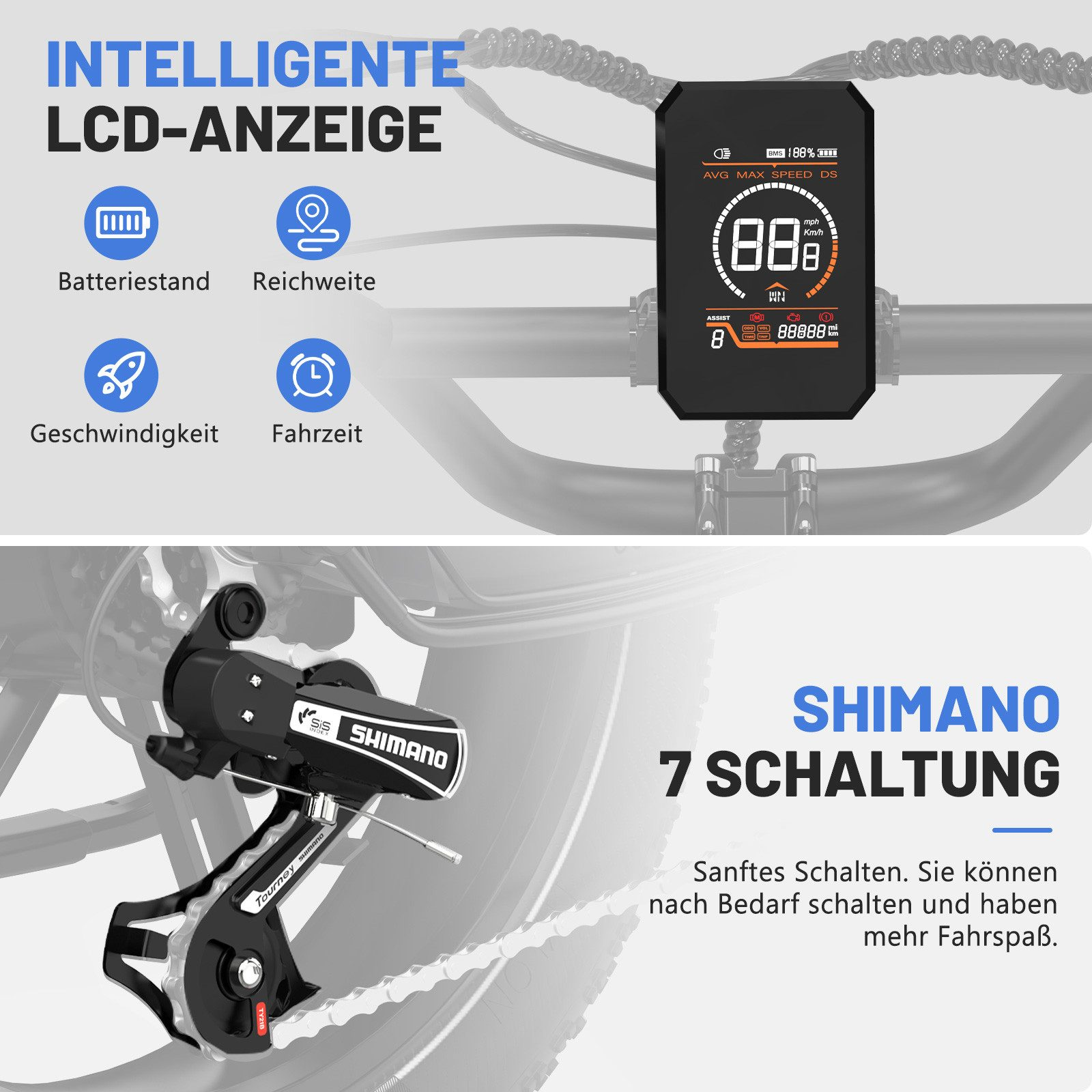 Intelligentes LCD-Display an einem Fahrrad. Zeigt Batterie, Reichweite, Geschwindigkeit und Fahrzeit.