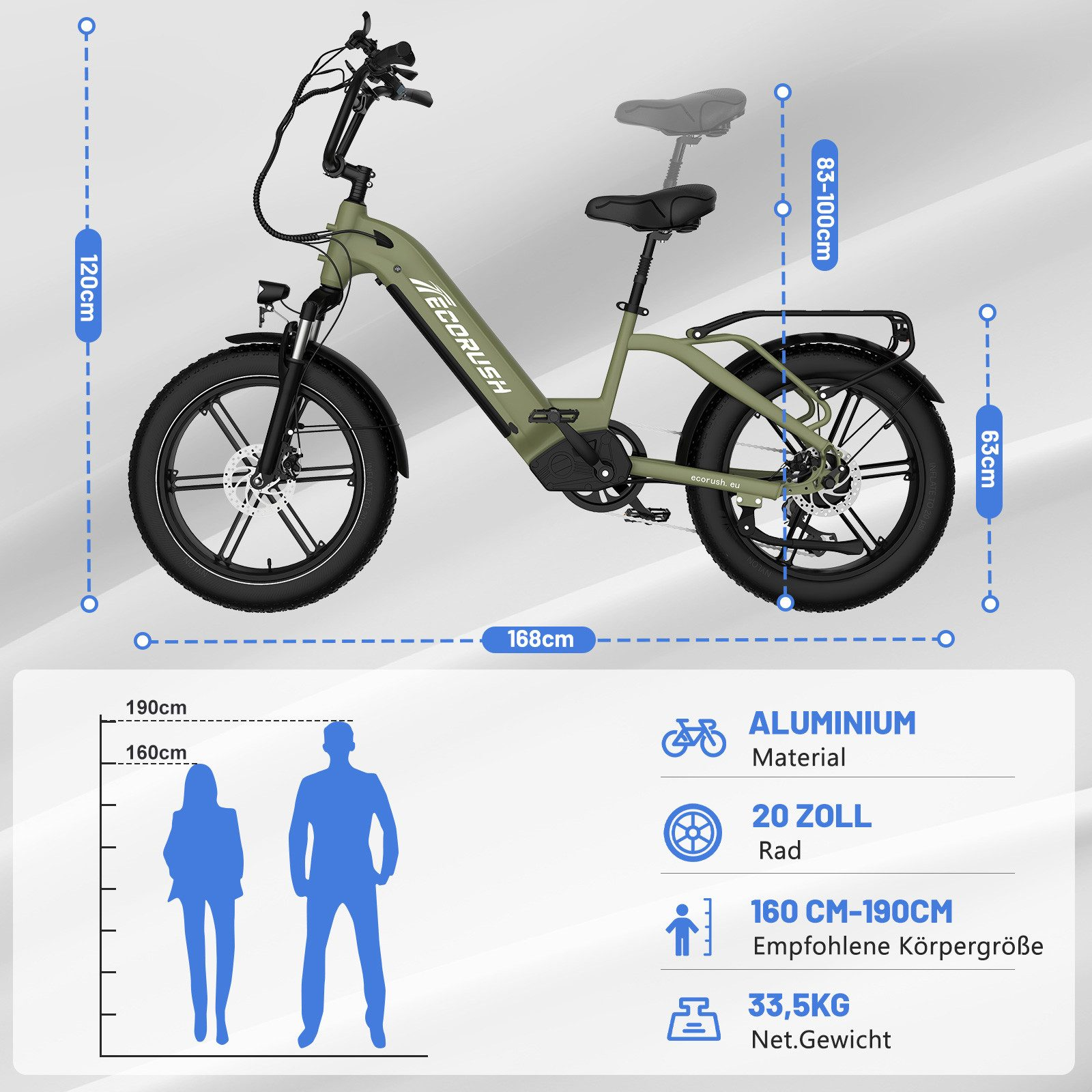 Ein olivgrünes Elektrofahrrad mit Abmessungen und Größenvergleich.