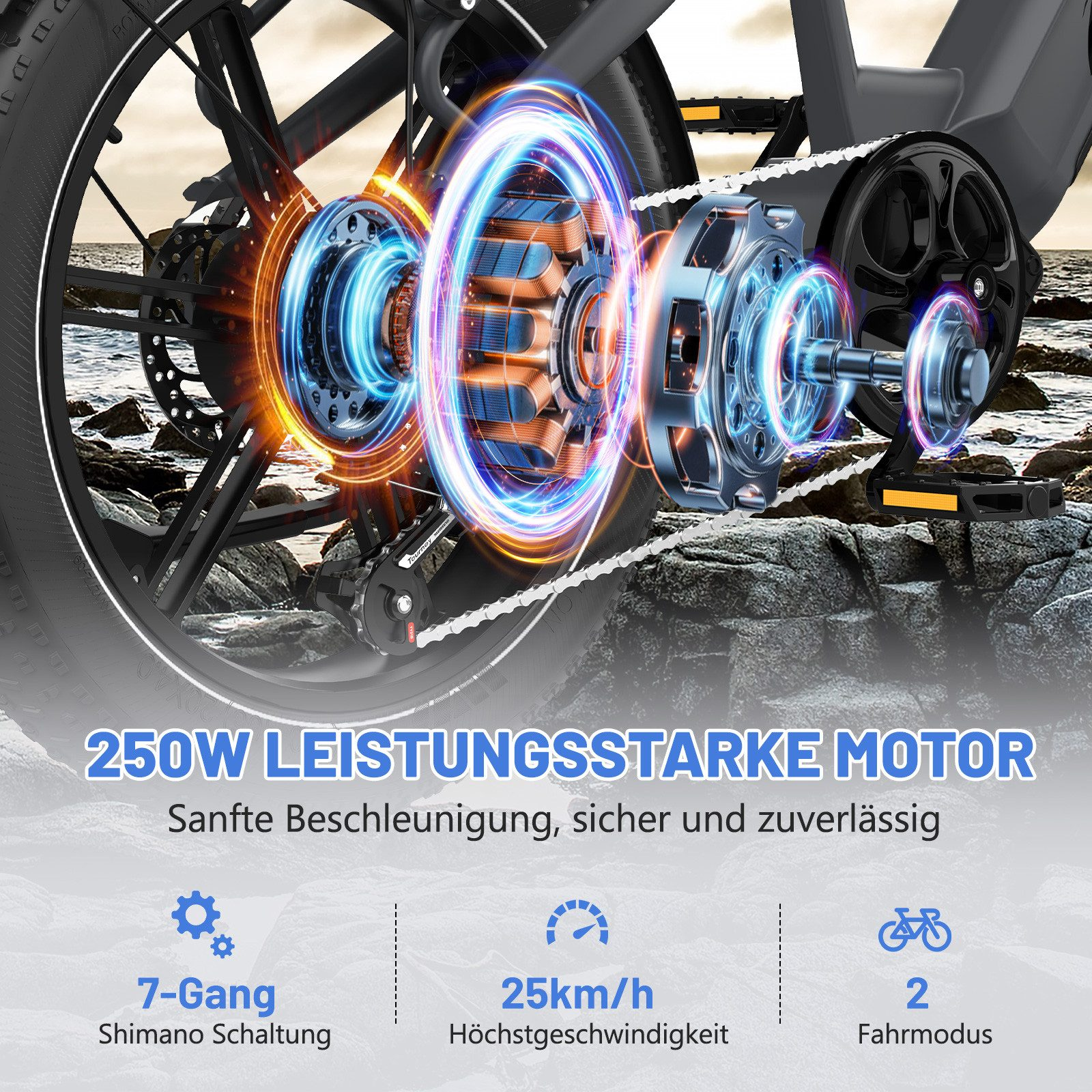 Nahaufnahme eines E-Bike-Akkupacks mit technischen Daten und Text.