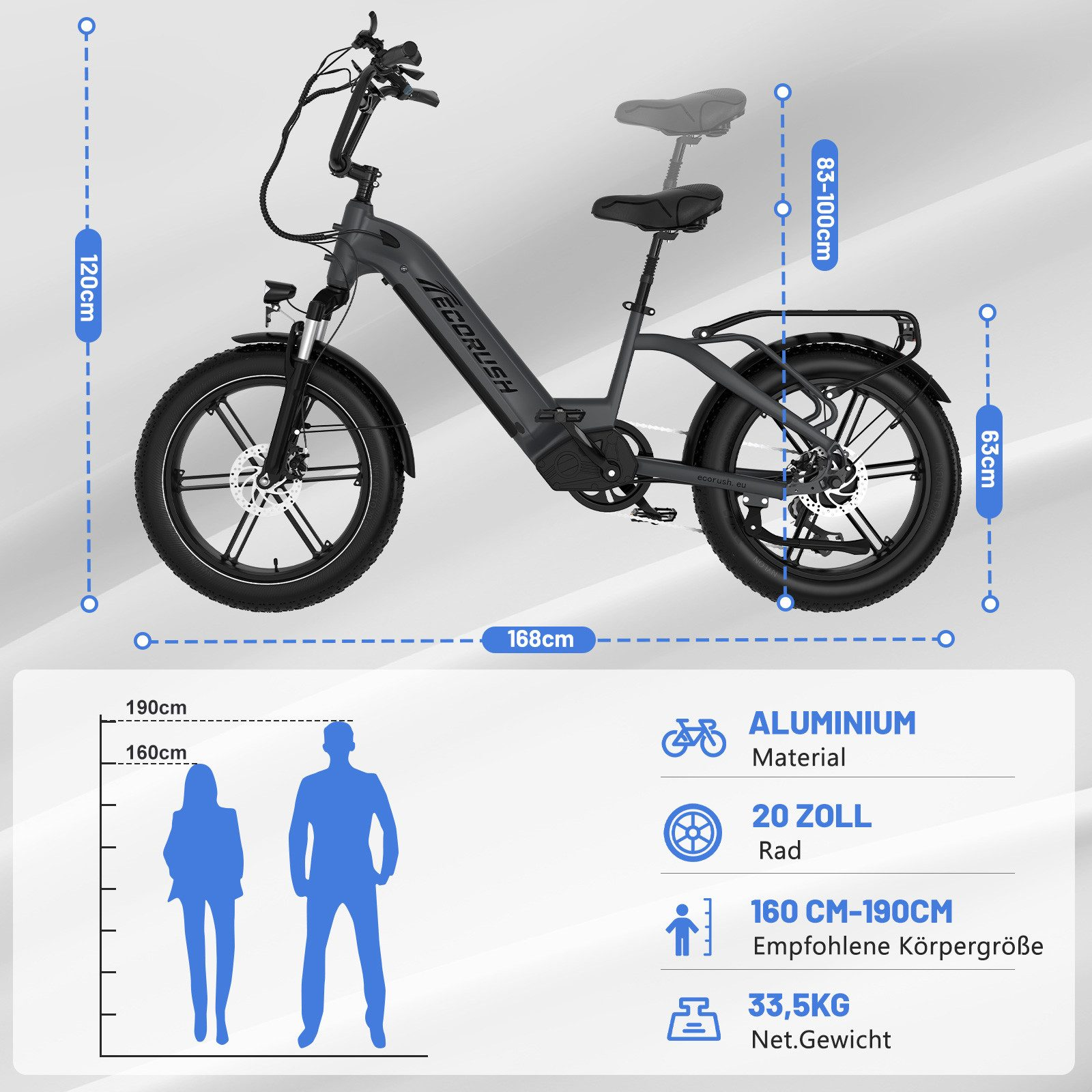 Ein Elektrofahrrad mit Abmessungen und ein Diagramm, das die Größe einer Person zeigt.