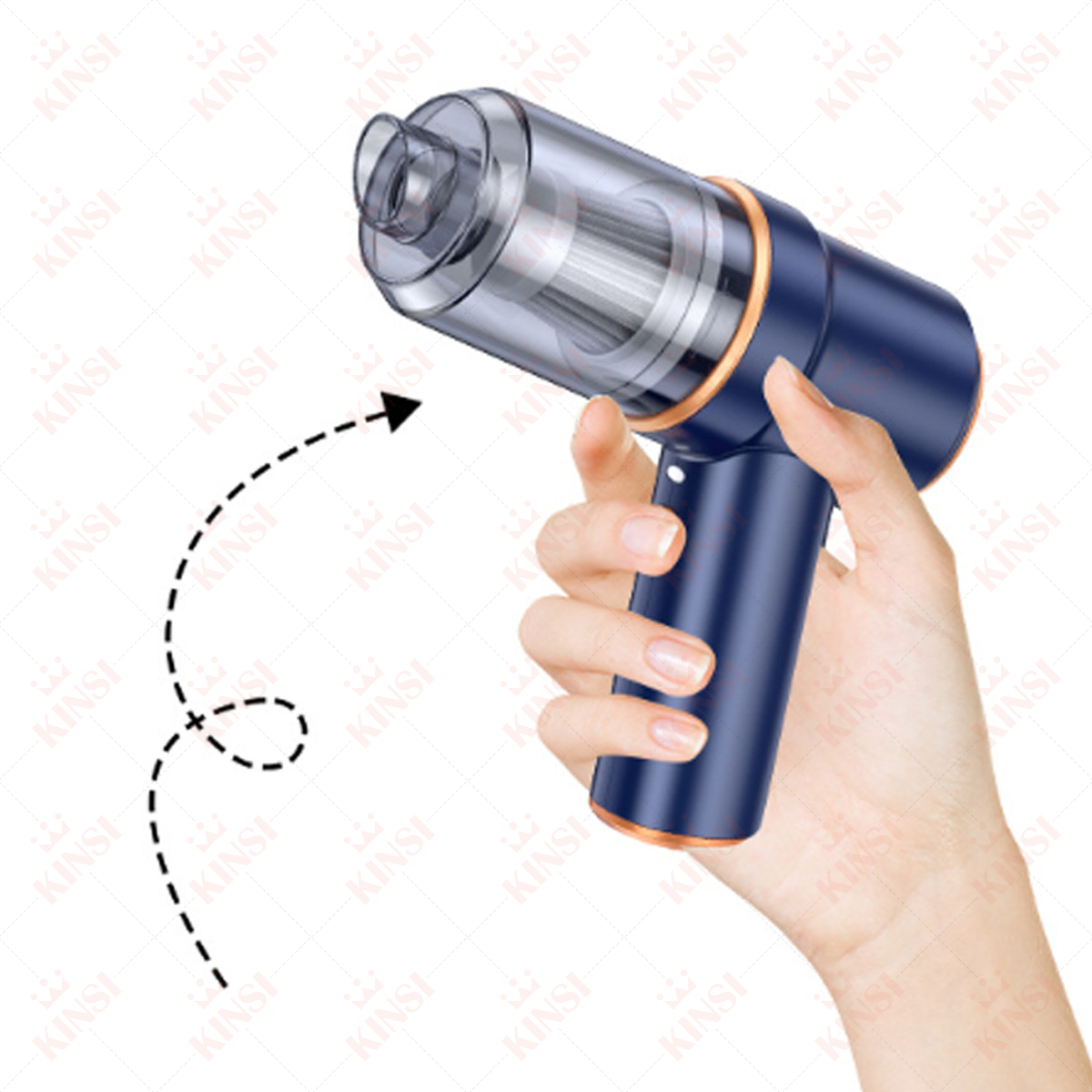 Dłoń trzymająca niebieski i srebrny odkurzacz ręczny ze strzałką.