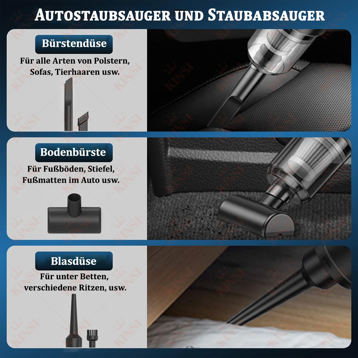 Wiele przystawek do odkurzacza samochodowego z opisami tekstowymi.