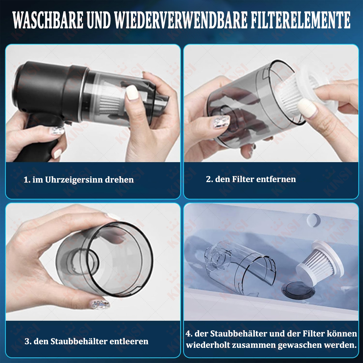 Cztery obrazy pokazują kroki czyszczenia filtra odkurzacza. Tekst po niemiecku w obrazie.