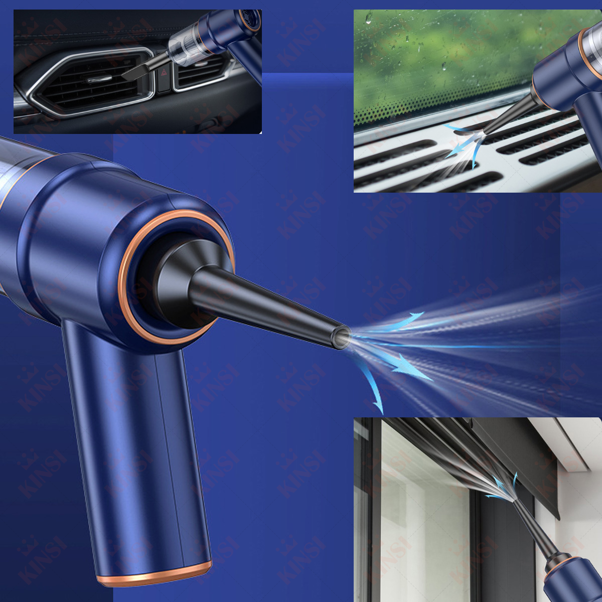 Niebiesko-srebrna dmuchawa powietrza z różnymi nasadkami, czyszcząca różne powierzchnie w samochodzie.