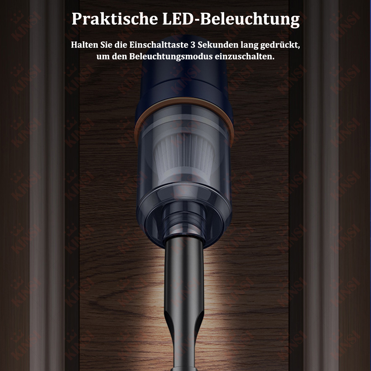 Zbliżenie czarnego i przezroczystego odkurzacza. Tekst: Praktyczne oświetlenie LED.