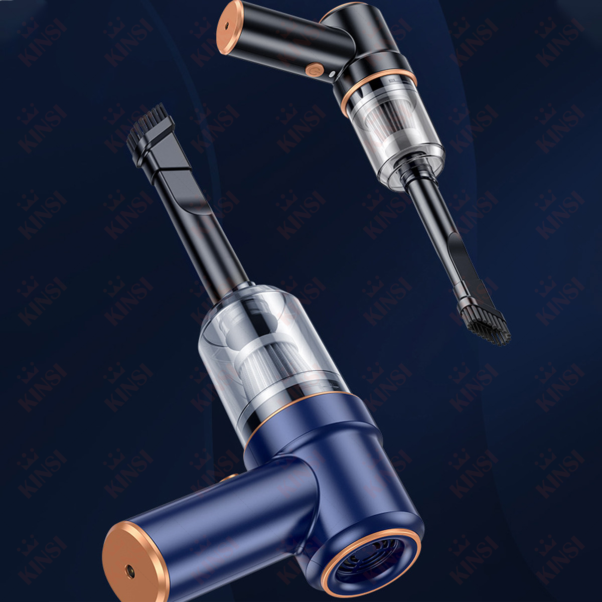 Dwa ręczne odkurzacze, jeden niebieski i jeden czarny. Oba mają złote akcenty i dysze.