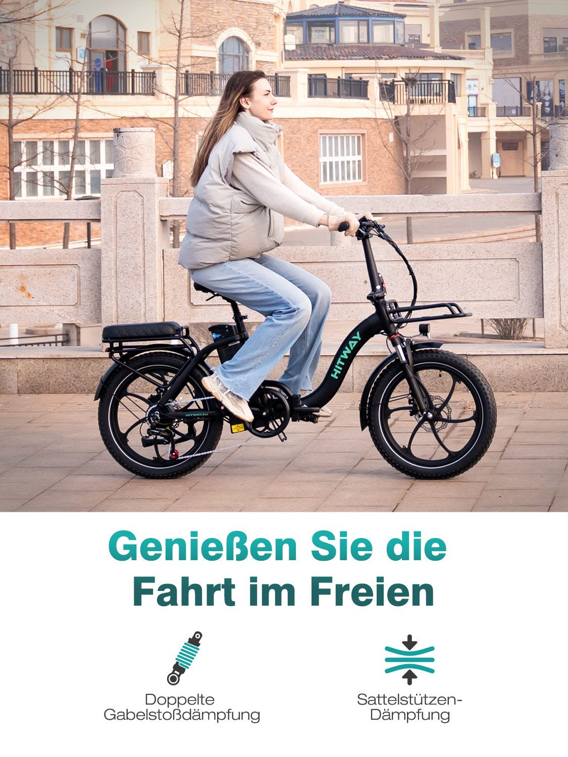 Eine Frau fährt mit einem schwarzen E-Bike, mit dem Text 'Unendlich erweiterbarer Stauraum'.