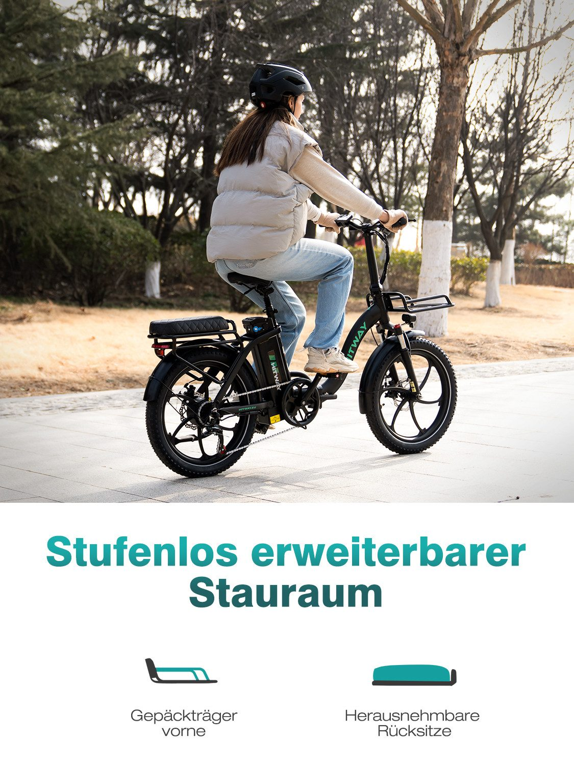 Eine Frau auf einem E-Bike, mit Text: 'Schneller, umweltfreundlicher und komfortabler pendeln'.