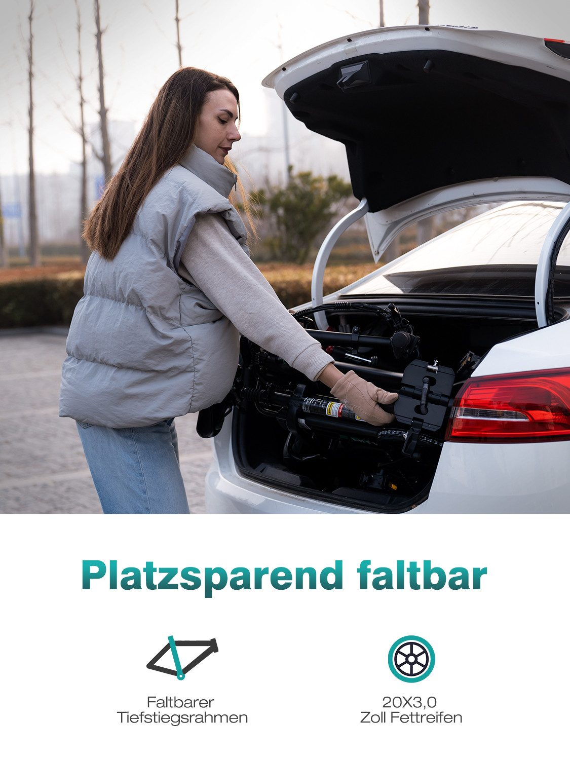 Nahaufnahme eines E-Bikes, das Scheinwerfer, Federung und Bremsen zeigt. Text: Komfortable und sichere Fahrt.
