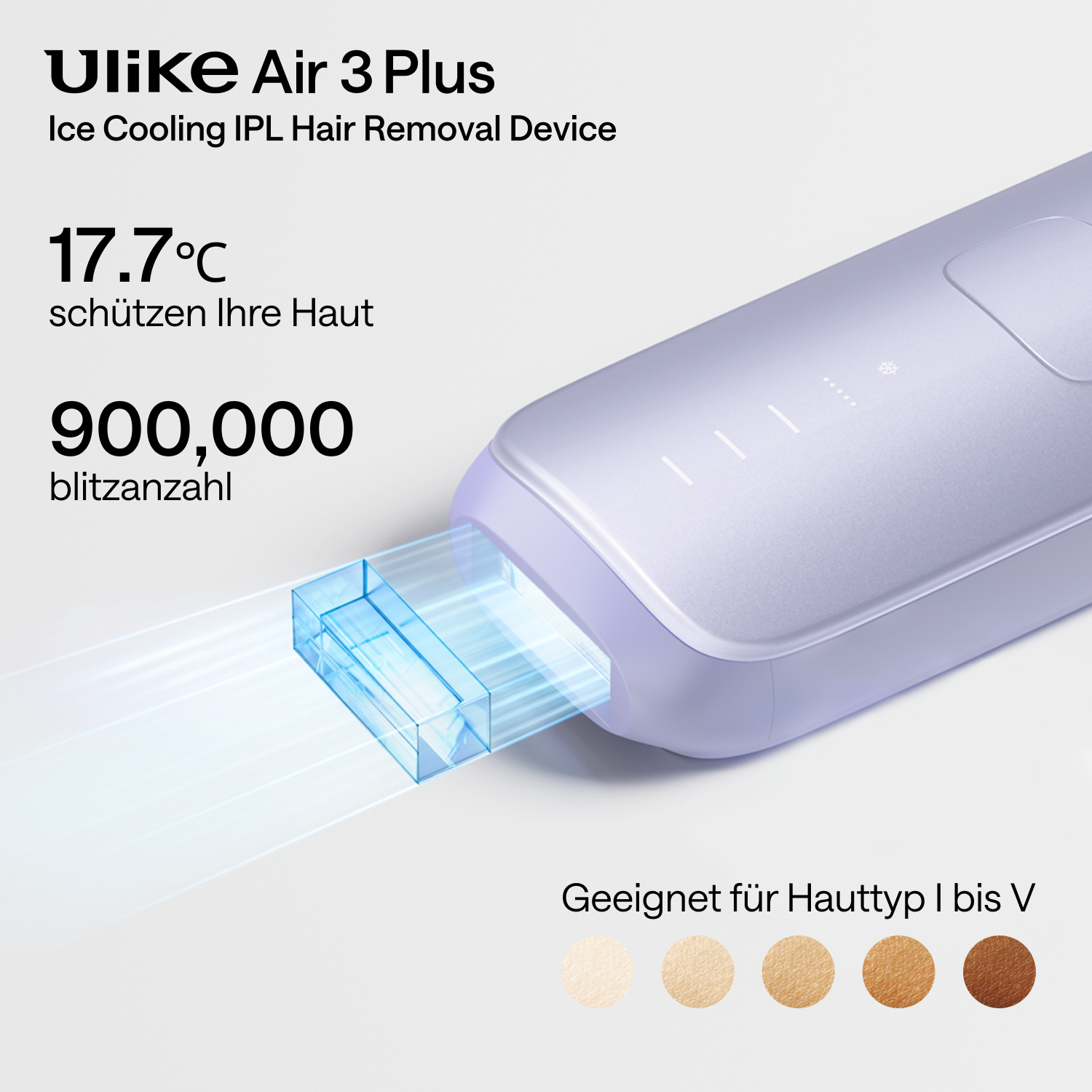 Gerät mit Text: Ice Cooling, 900.000 Blitze, für Hauttypen I-V geeignet.