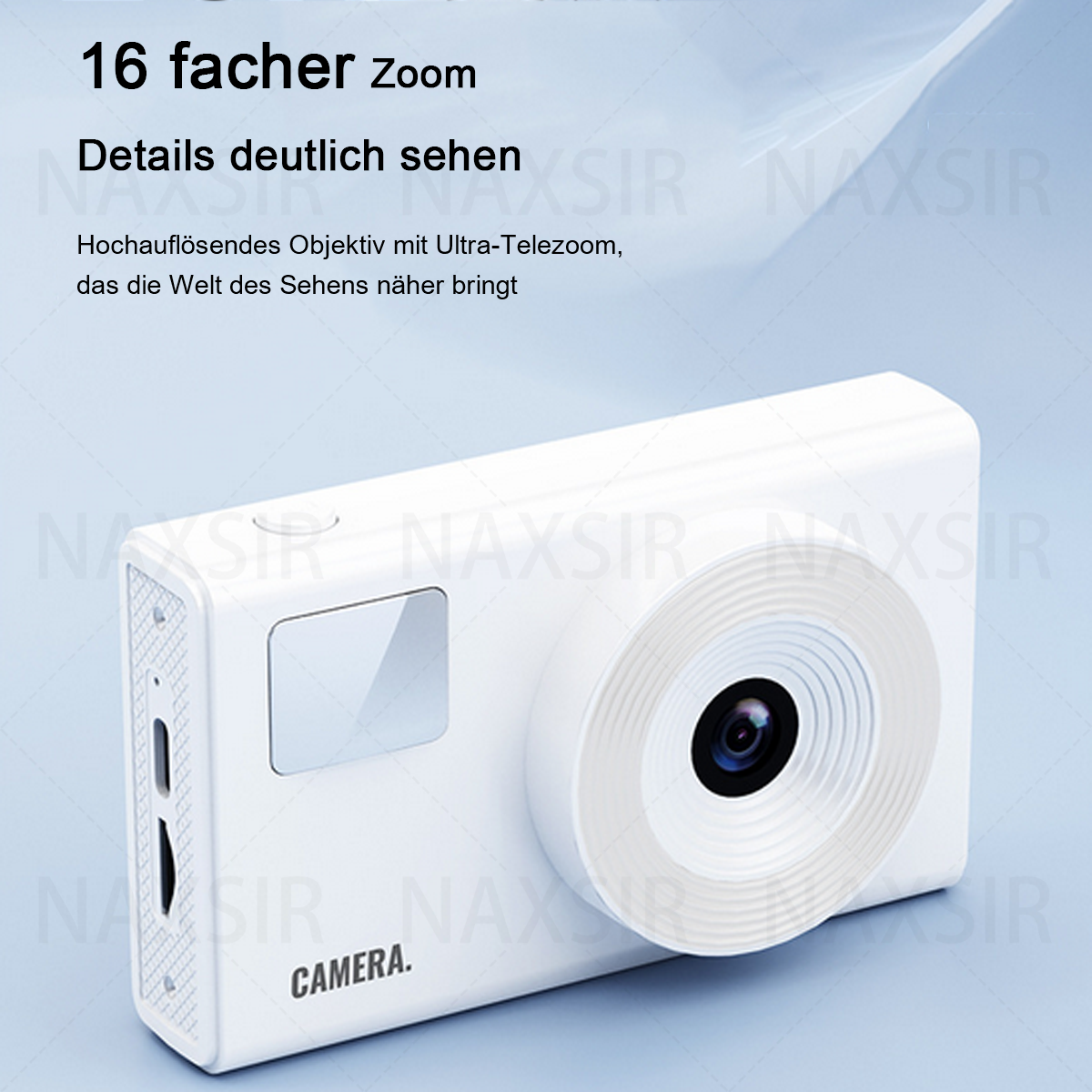 Fotocamera bianca con testo: zoom 16x; dettagli chiaramente visibili.