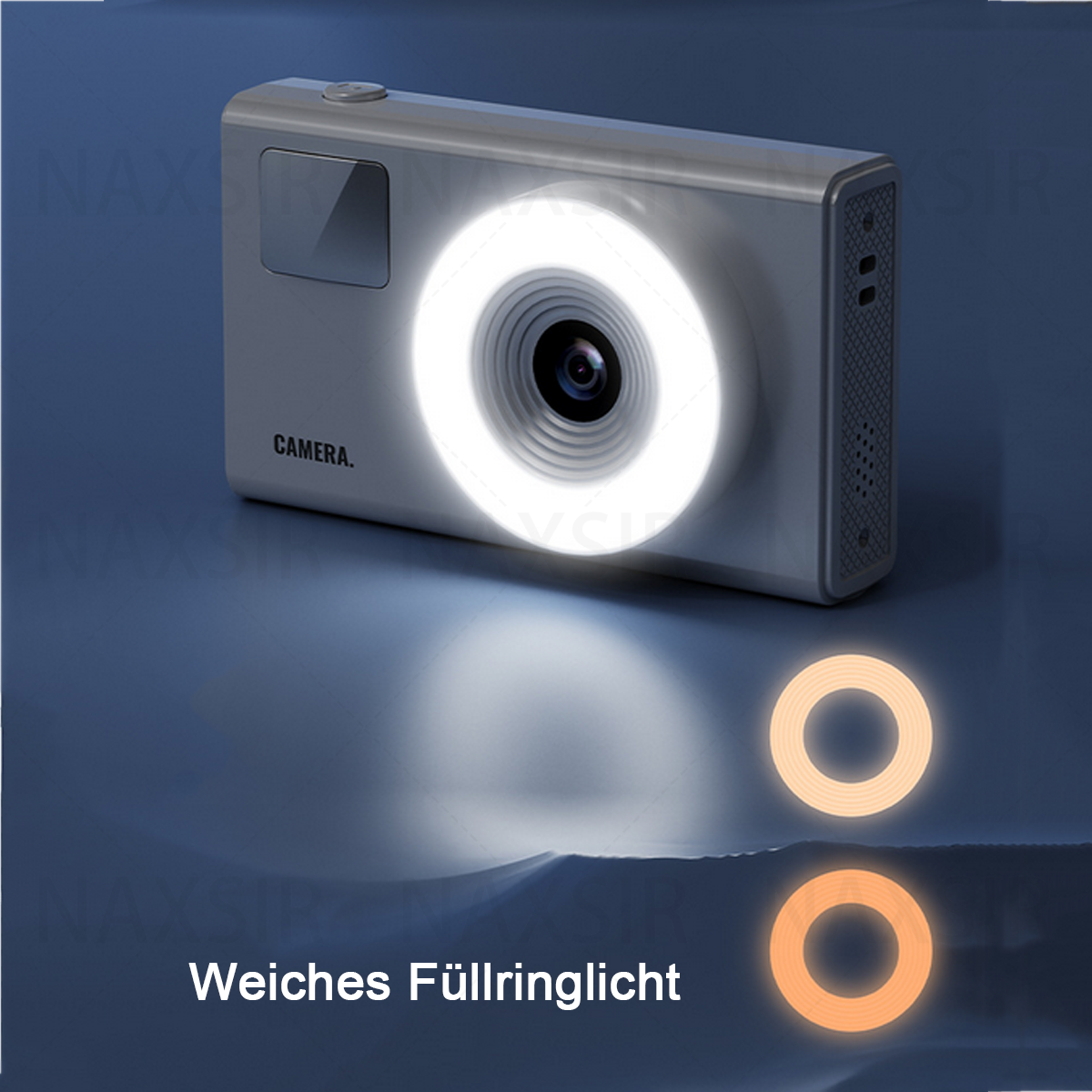 Una fotocamera bianca con luce ad anello su una superficie blu.