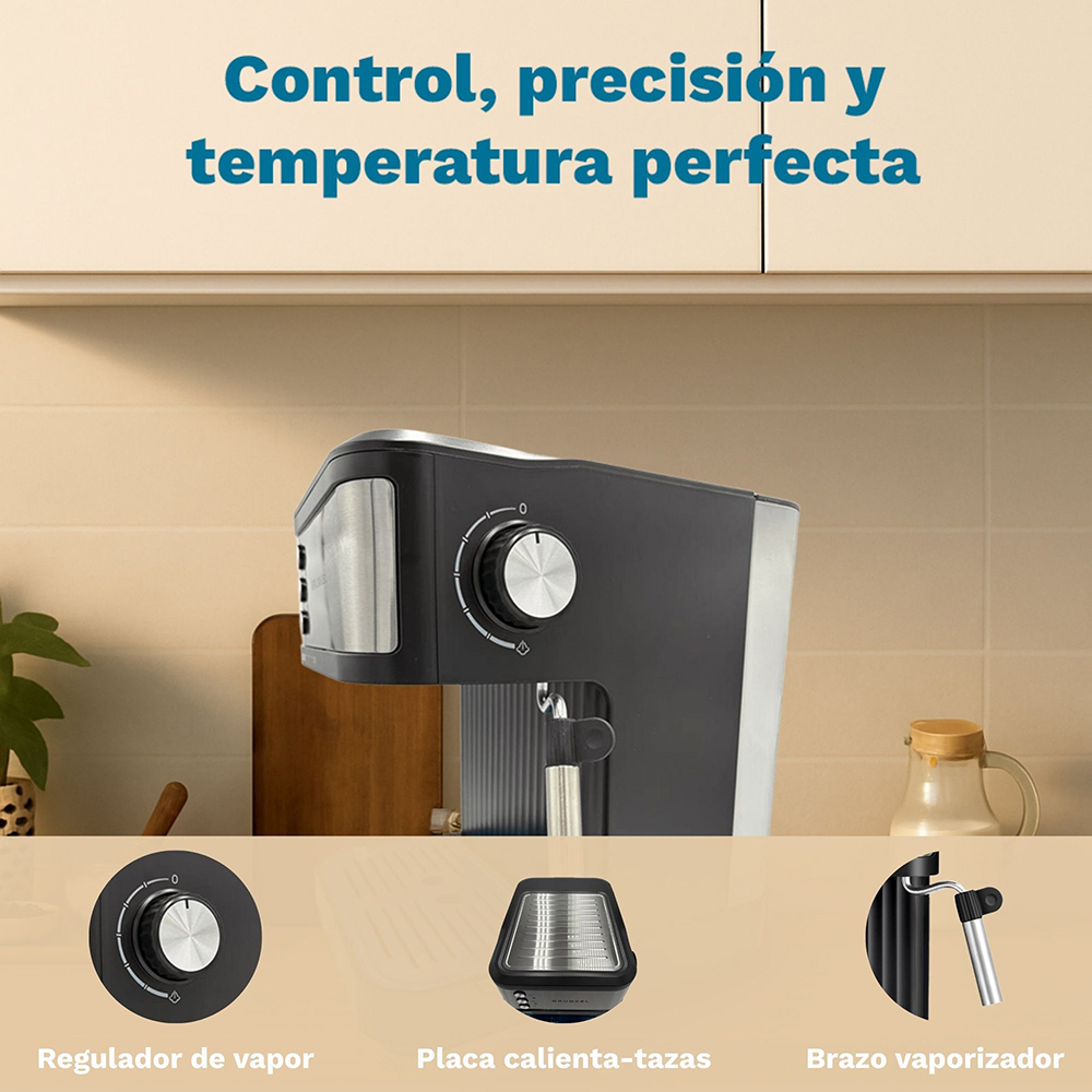 Panel de control, calentador de tazas y brazo de vapor de una cafetera. Todo en negro y metal.