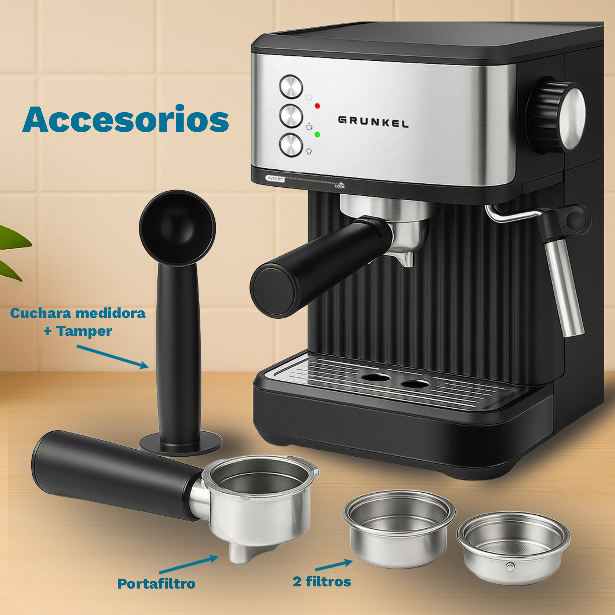 Máquina de espresso con accesorios: cuchara, portafiltro y dos filtros. Todo negro.