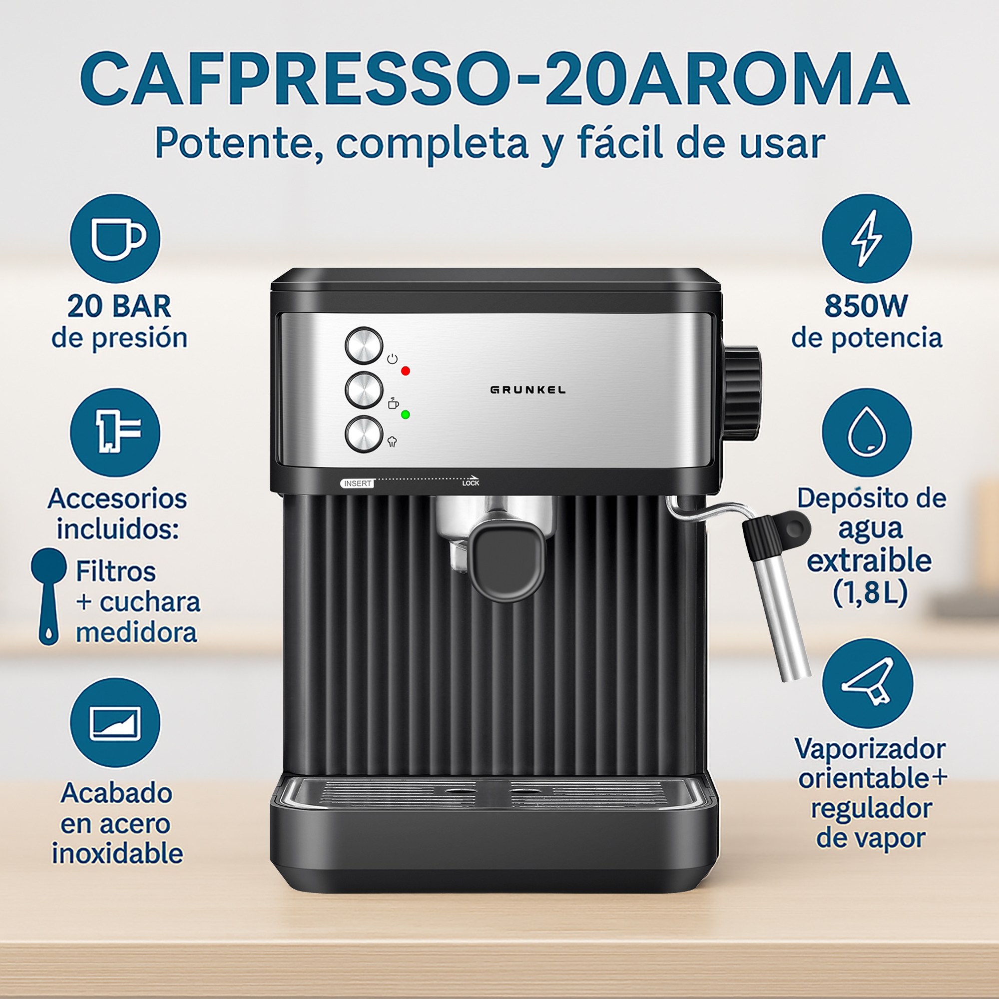 Máquina de espresso con diseño negro y plateado. Tiene tres botones y una lanza de vapor.