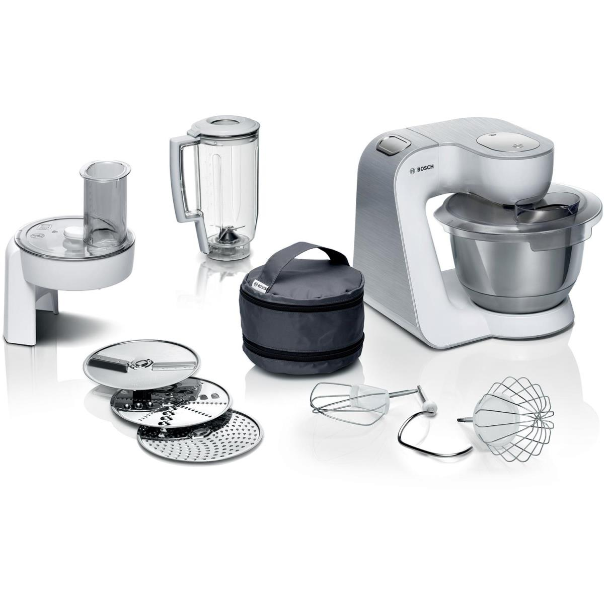 Küchengeräte-Set: Mixer, Küchenmaschine, Rührschüssel und verschiedene Aufsätze.