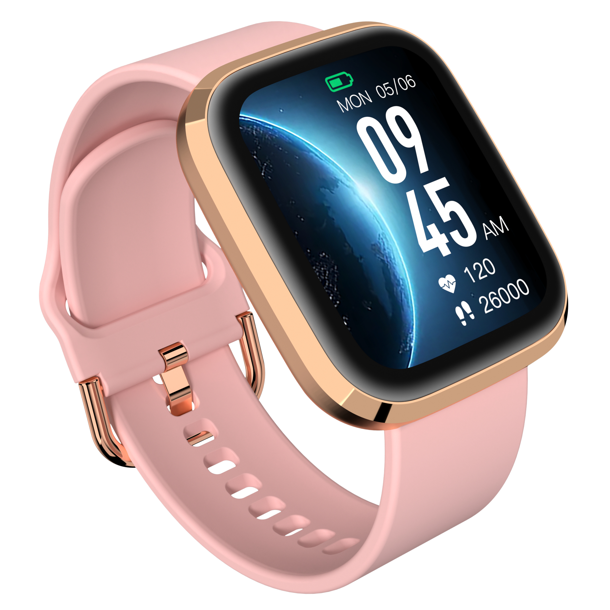 Rosafarbene Smartwatch mit goldenem Rahmen, zeigt Zeit und Metriken.