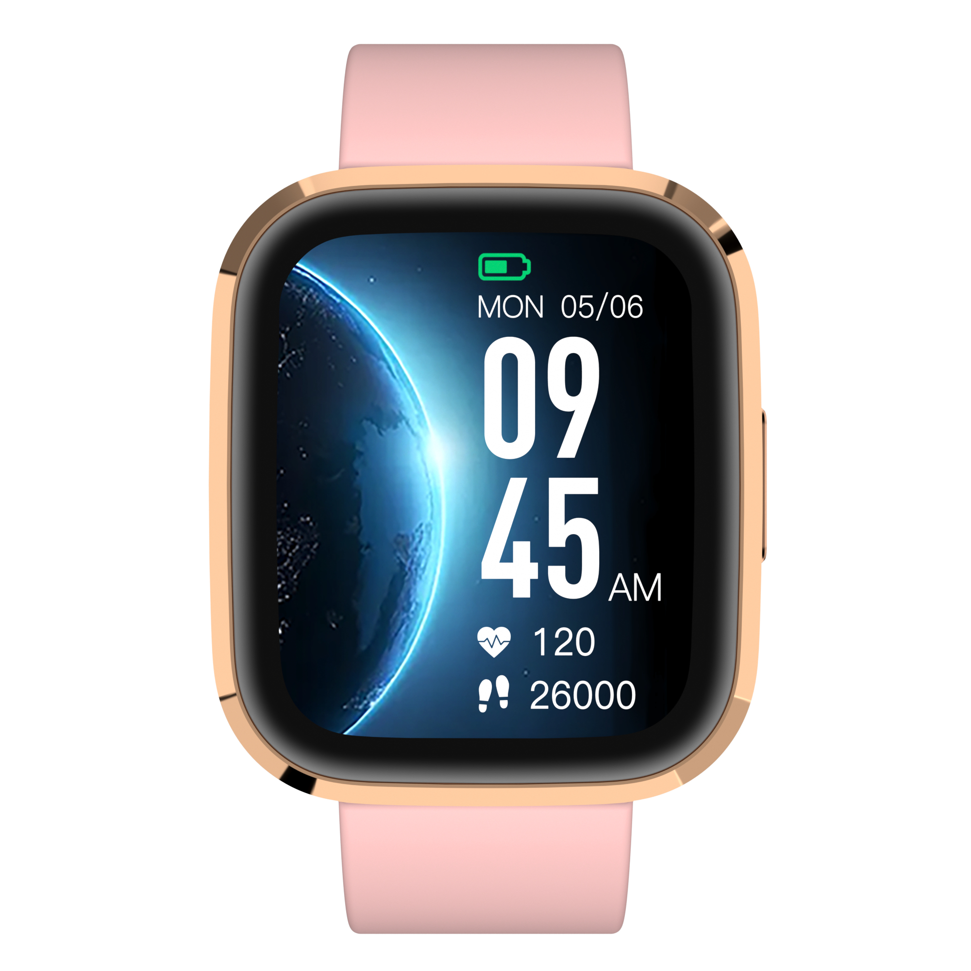 Smartwatch mit rosa Armband, zeigt Zeit, Datum und Gesundheitsdaten.